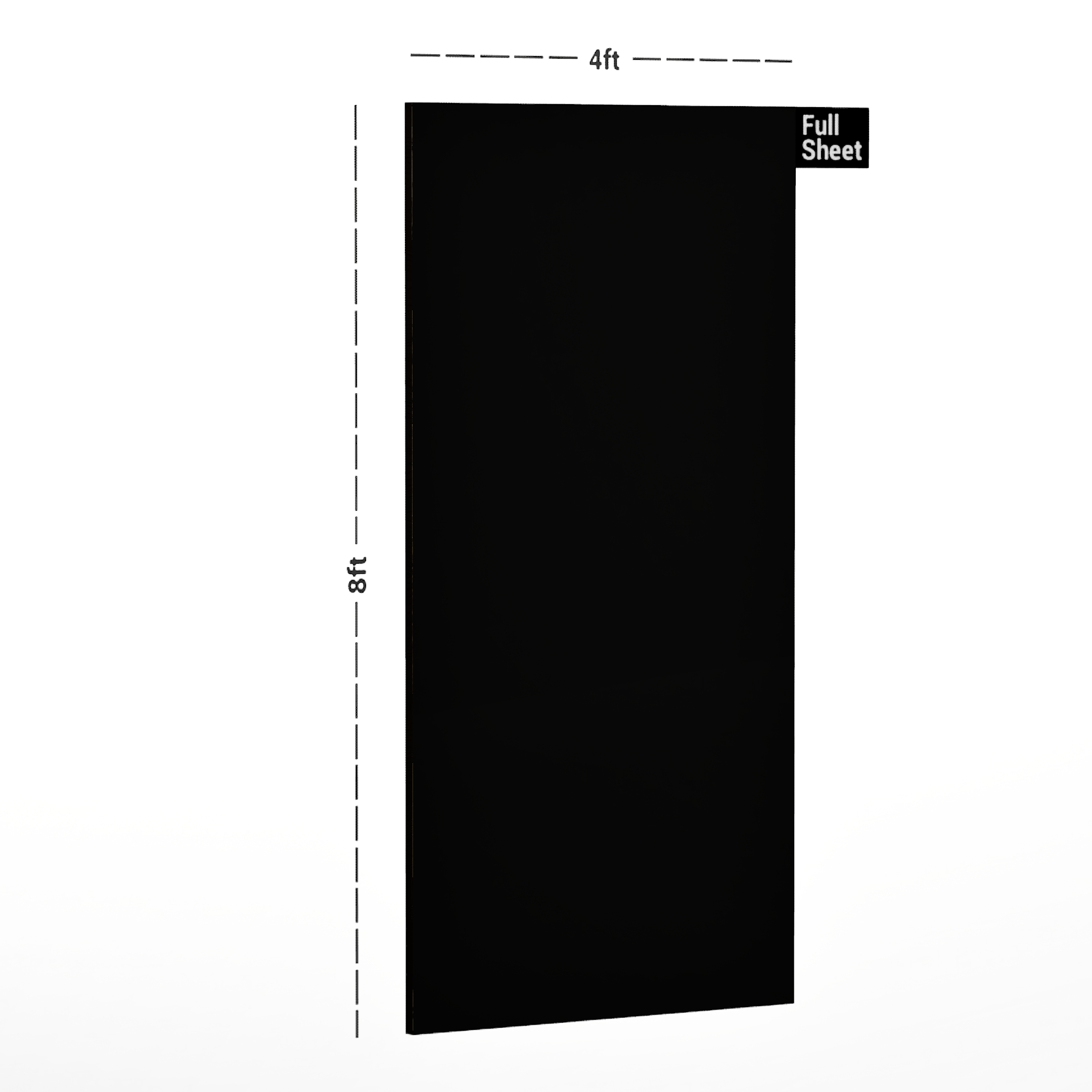 Dimension image of 81170 HG+ Jet Black 8 ft x 4 ft Italia Gloss Finish Laminate - 0.8 mm in an isometric setup | Material Depot