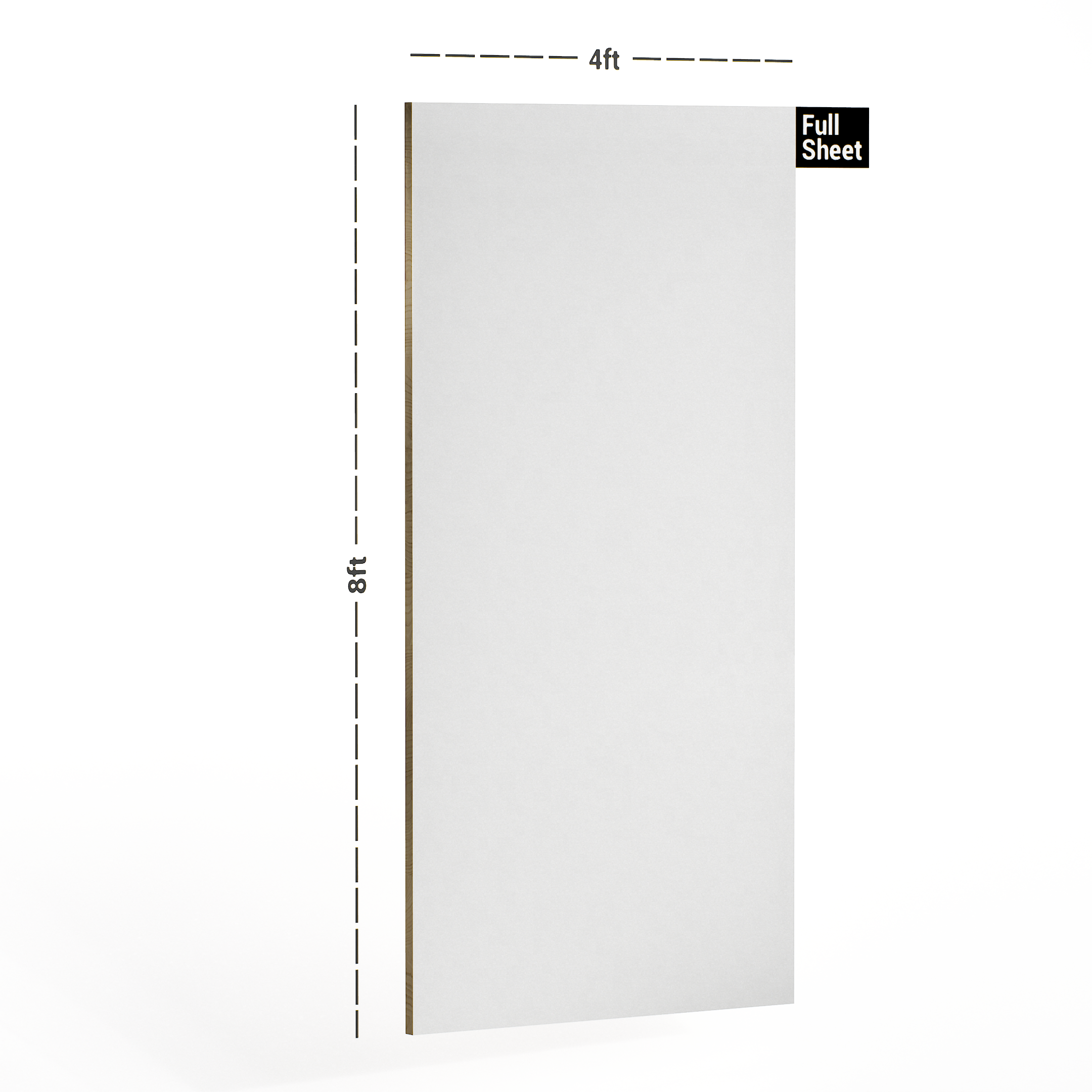 Dimension image of 111 SAT Designer White 8 ft x 4 ft Satin Finish Decorative Laminate - 1 mm | Matching Edgeband Code - (Rehau - 110223) in an isometric setup | Material Depot