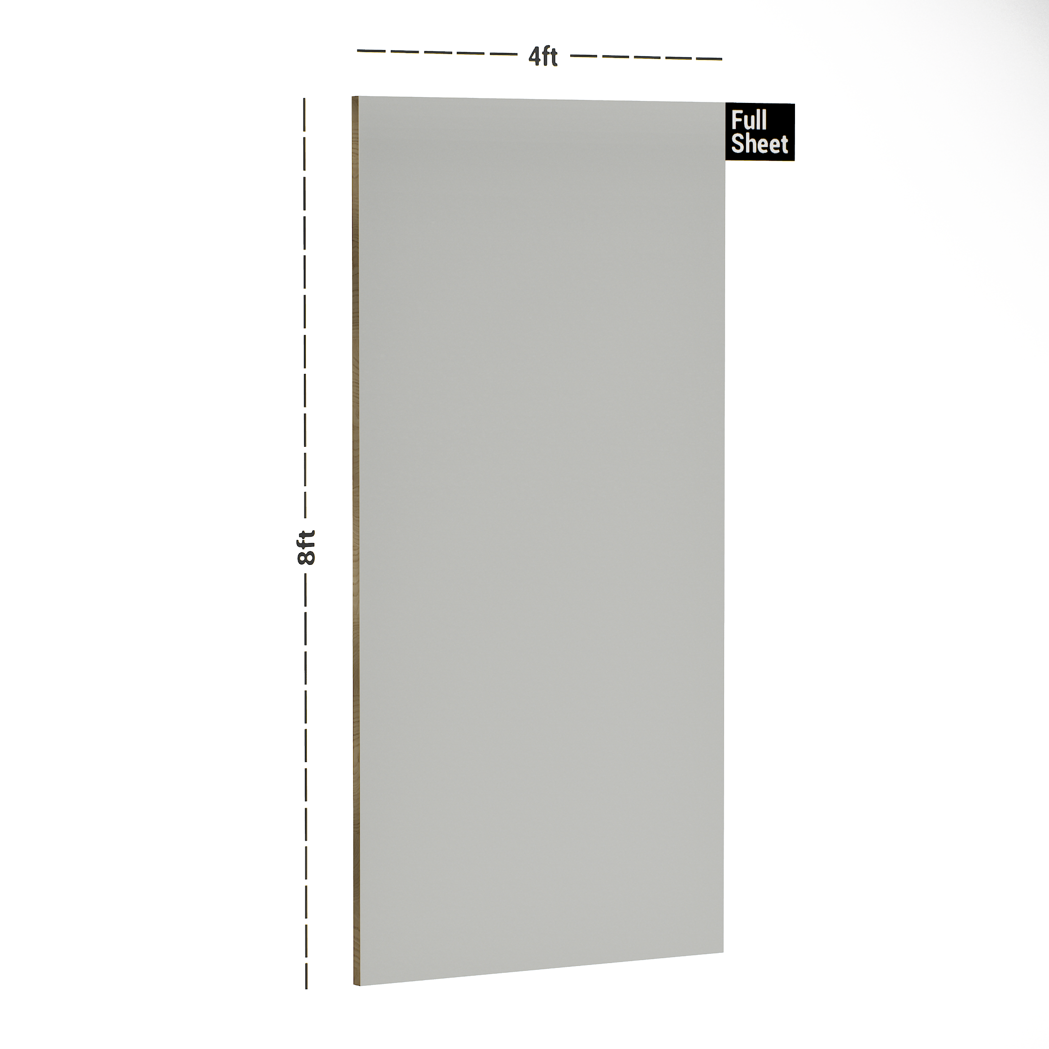 Dimension image of 271 SUD Light Grey 8 ft x 4 ft Suede Finish Decorative Laminate - 1 mm | Matching Edgeband Code - (Rehau - 110220) in an isometric setup | Material Depot