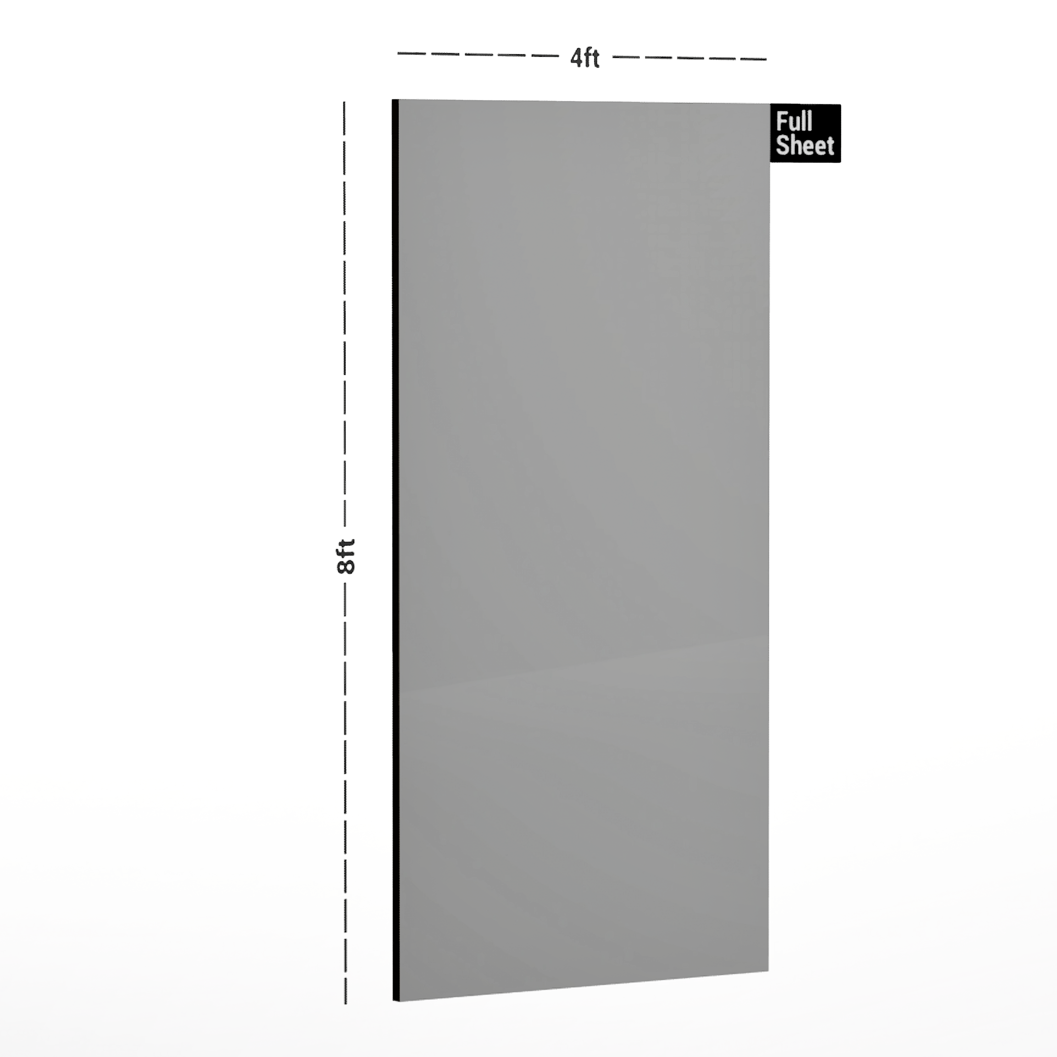 Dimension image of 80232 GL Grey 8 ft x 4 ft High Gloss Finish Liner Laminate - 0.8 mm in an isometric setup | Material Depot