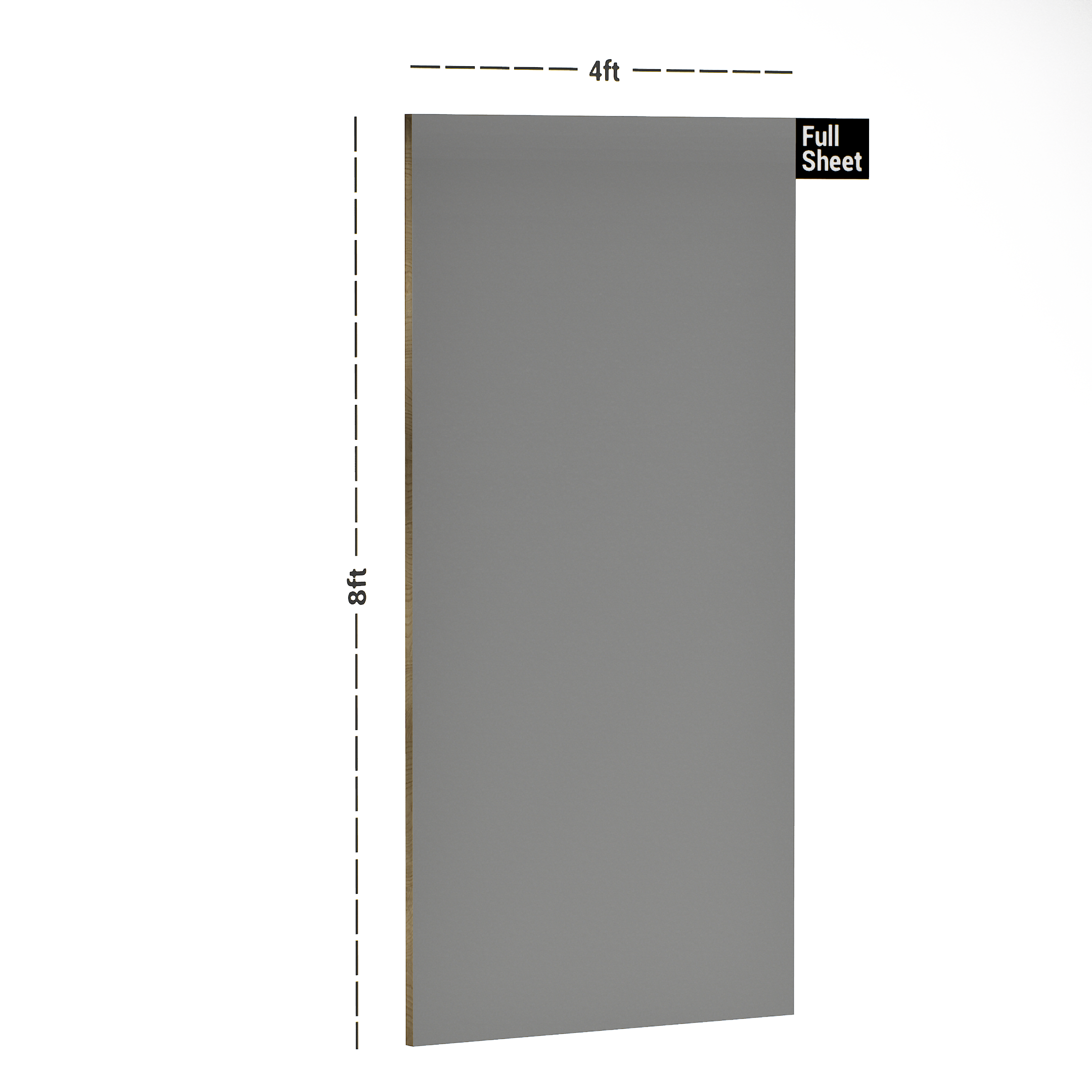 Dimension image of Oliviya 11005 SF Grey 8 ft x 4 ft Suede Solid Finish Laminate - 1 mm in an isometric setup | Material Depot