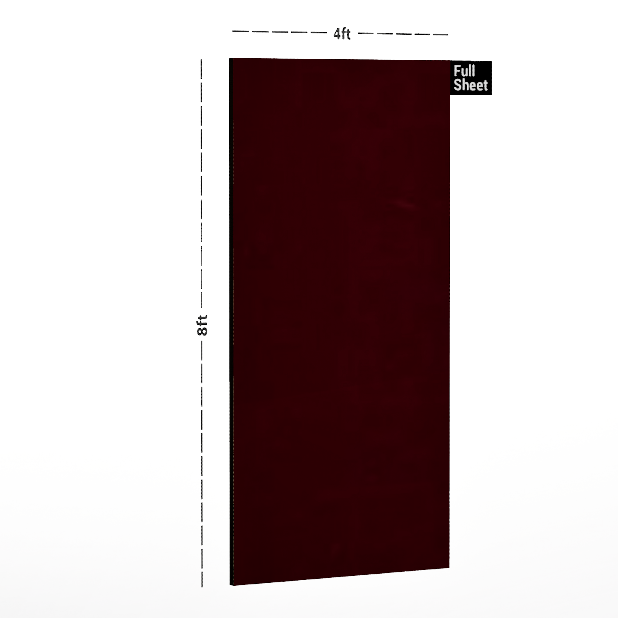 Dimension image of ARC 8003 Cherry 8 ft x 4 ft High Gloss Finish Acrylic Laminate - 1.5 mm in an isometric setup | Material Depot