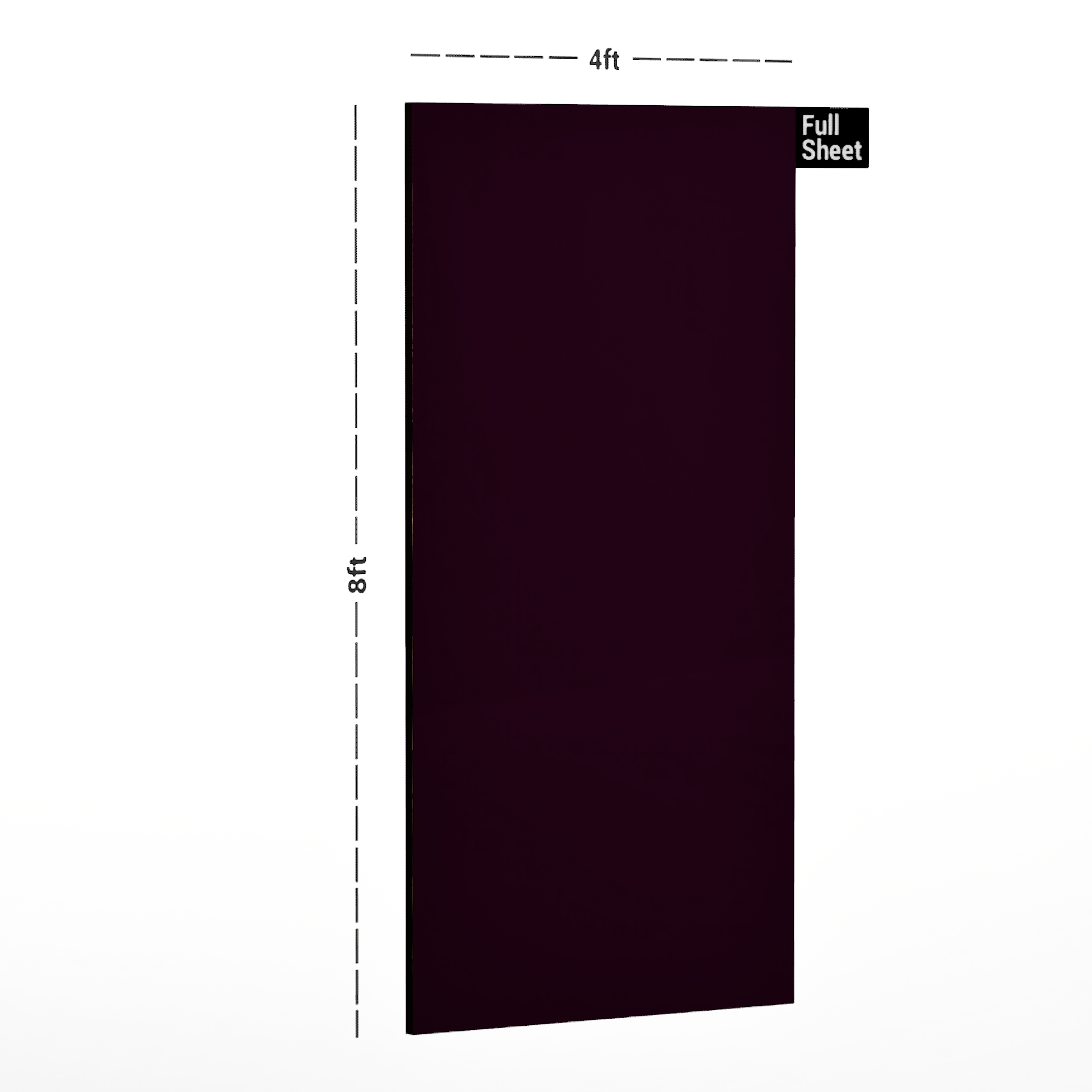 Dimension image of 8503 SG Imperial Purple 8 ft x 4 ft Super Gloss Finish Laminate - 0.8 mm in an isometric setup | Material Depot