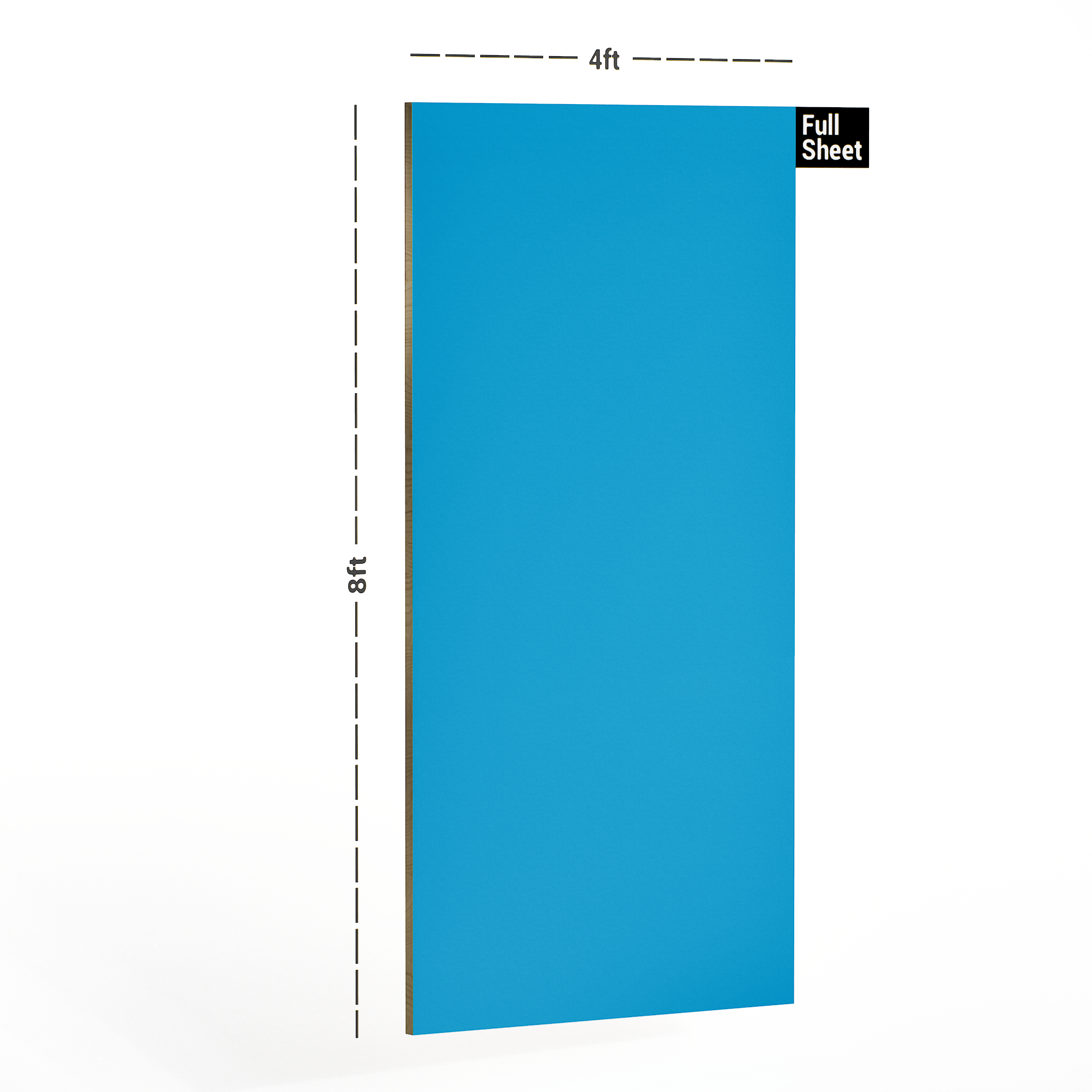 Dimension image of 1048 SF Sky Blue Solid Pastels Finish 8 ft x 4 ft Laminate - 1 mm in an isometric setup | Material Depot