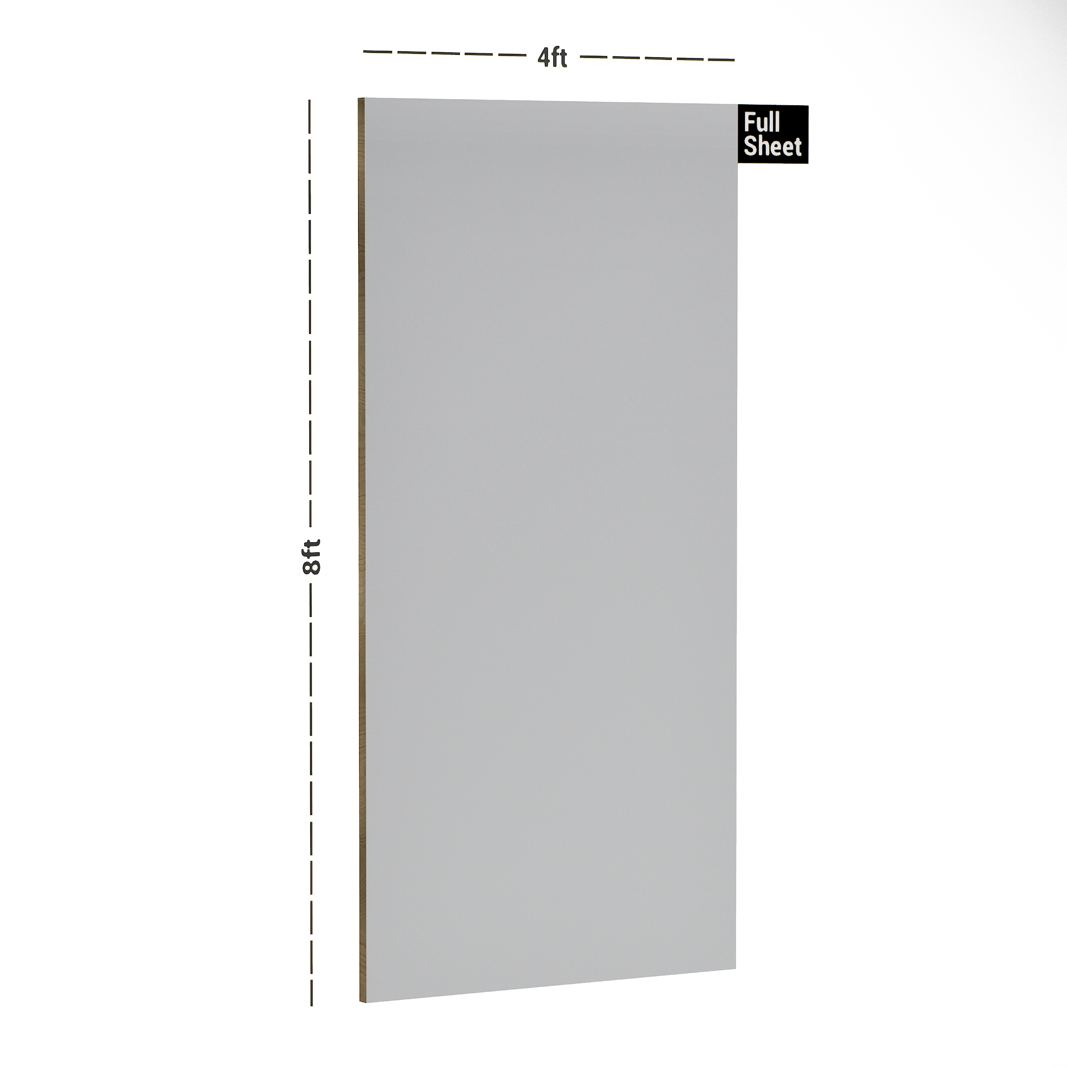 Dimension image of 1709 MF Frosty White Solid Pastels Finish 8 ft x 4 ft Laminate - 1 mm in an isometric setup | Material Depot