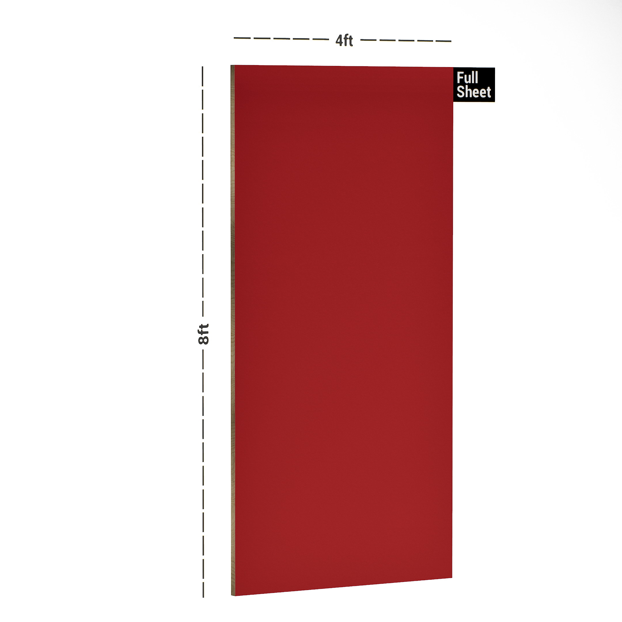 Dimension image of SG 8118 Red 8 ft x 4 ft Super Gloss Solid Finish Vesta Laminate - 0.8 mm in an isometric setup | Material Depot