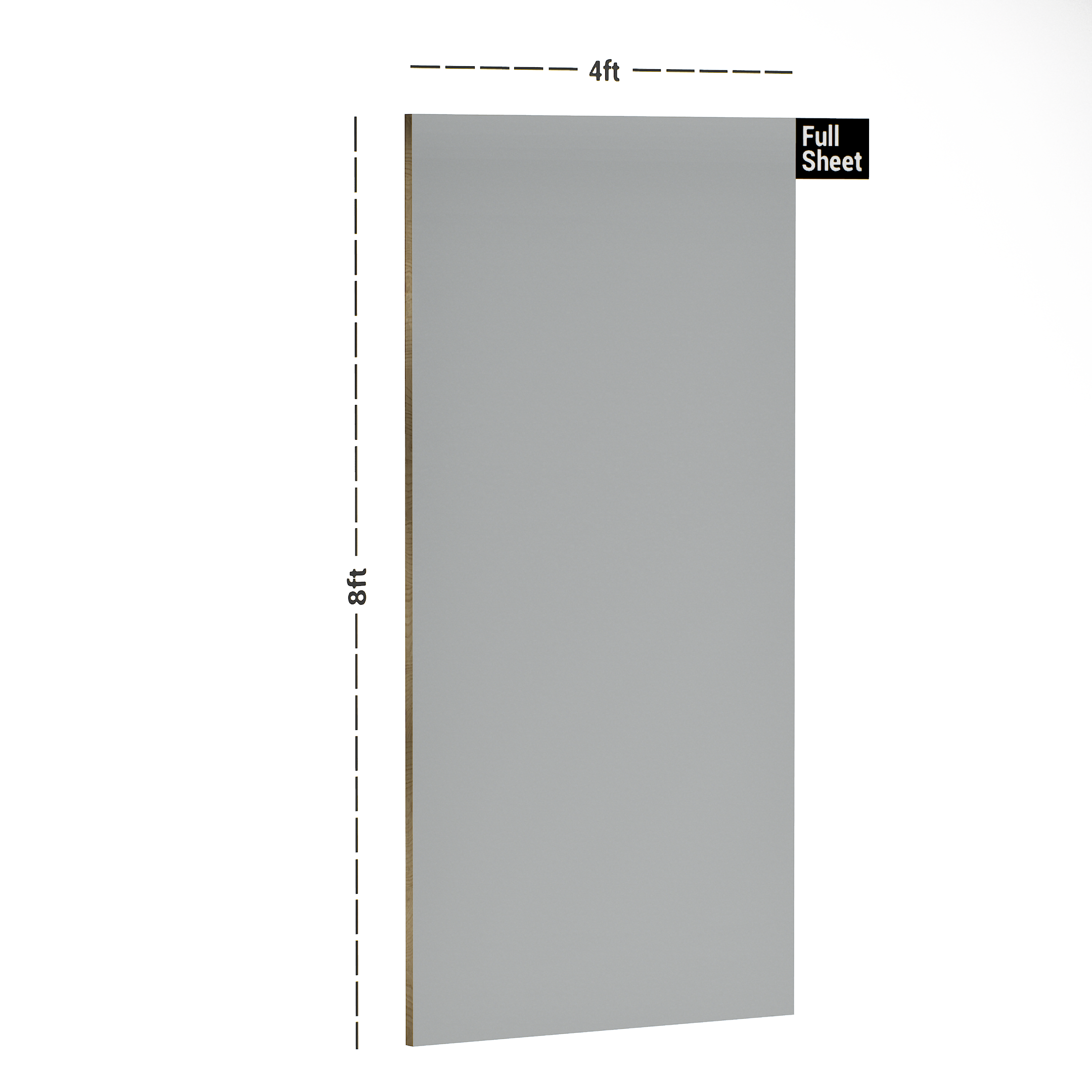 Dimension image of SF 704 Grey 8 ft x 4 ft Plain Colour Suede Finish Laminate - 1 mm in an isometric setup | Material Depot