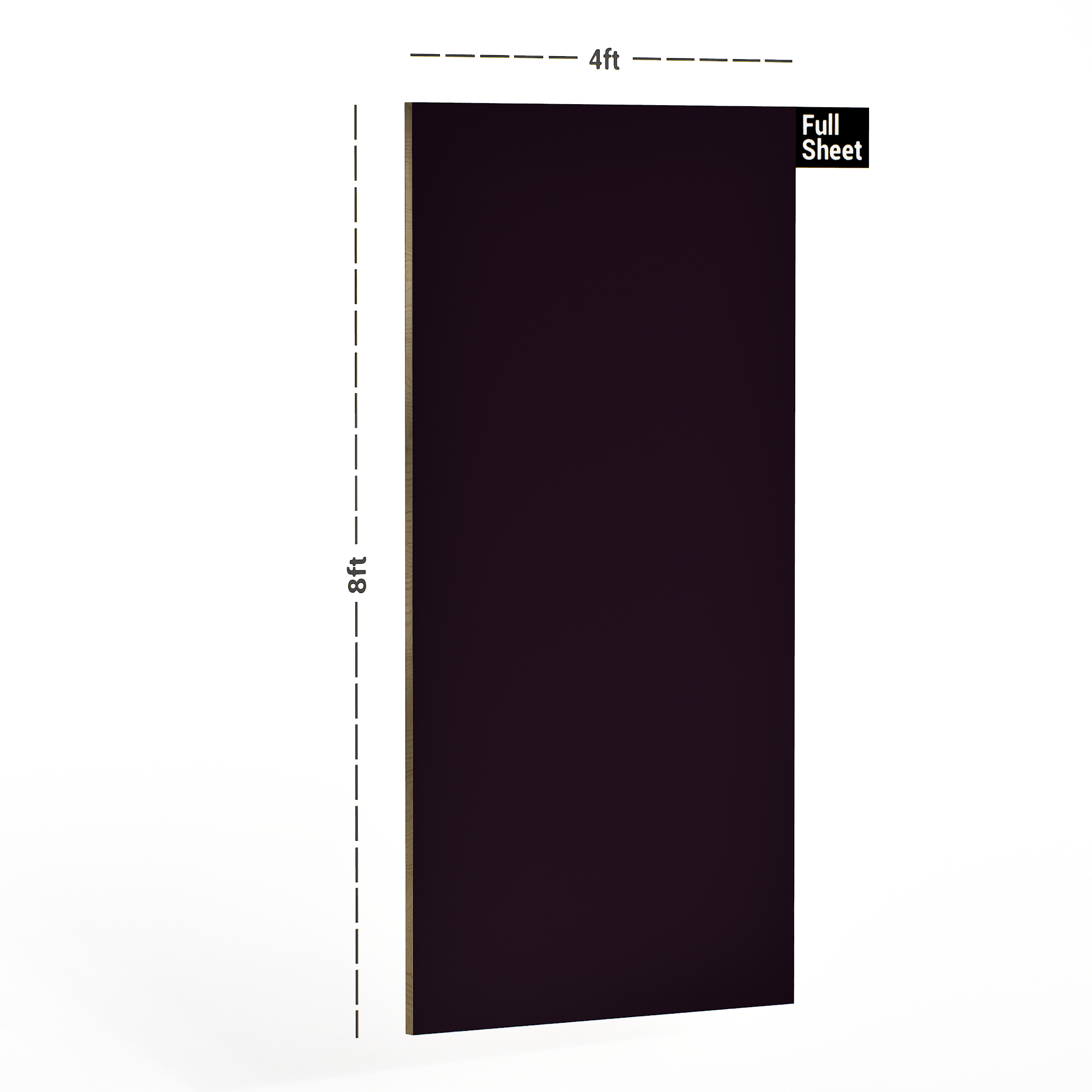 Dimension image of 3813 UC-LG Black Currant 8 ft x 4 ft Unicor Finish Laminate - 1 mm in an isometric setup | Material Depot