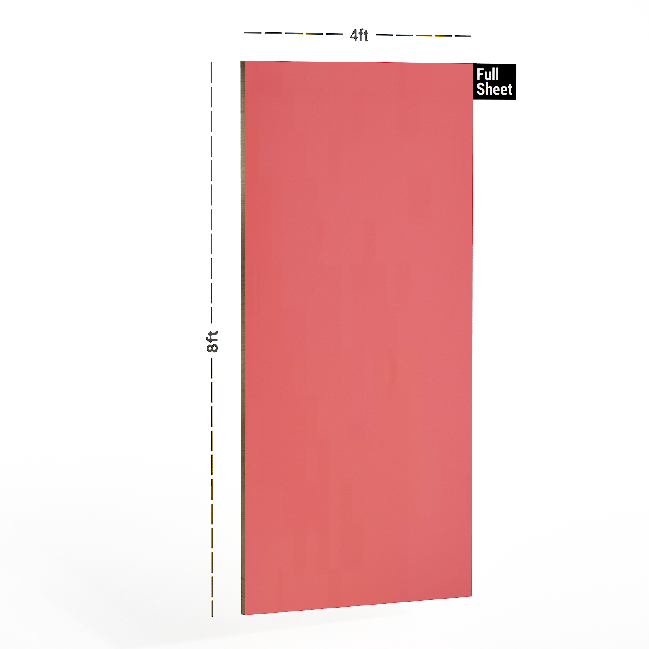 Dimension image of 5057 GL Coral Pink 8 ft x 4 ft Solid Gloss Finish Laminate - 0.8 mm in an isometric setup | Material Depot