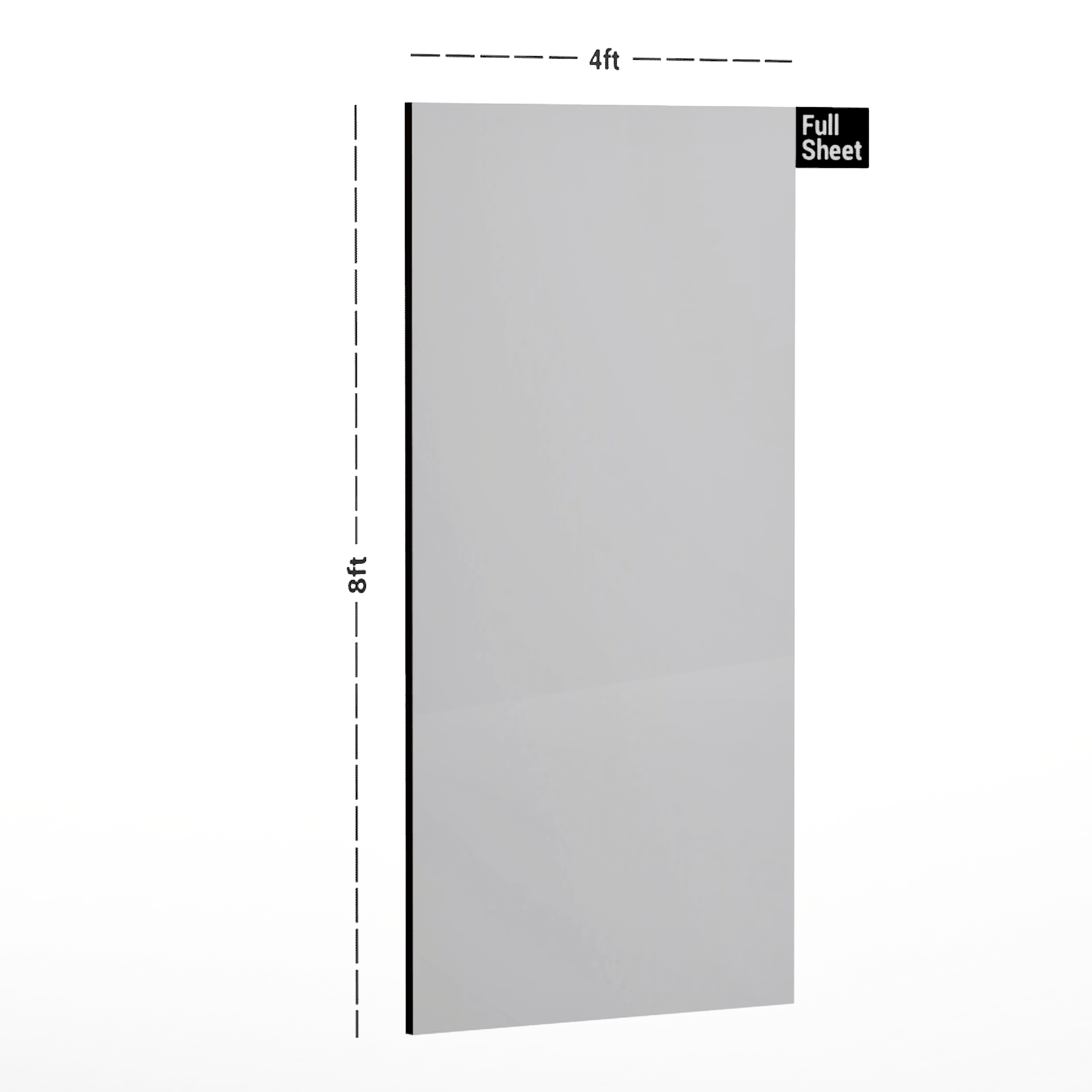 Dimension image of G 311/1311 Mystic White 8 ft x 4 ft Neutral Gray Tone Finish Laminate - 1 mm in an isometric setup | Material Depot