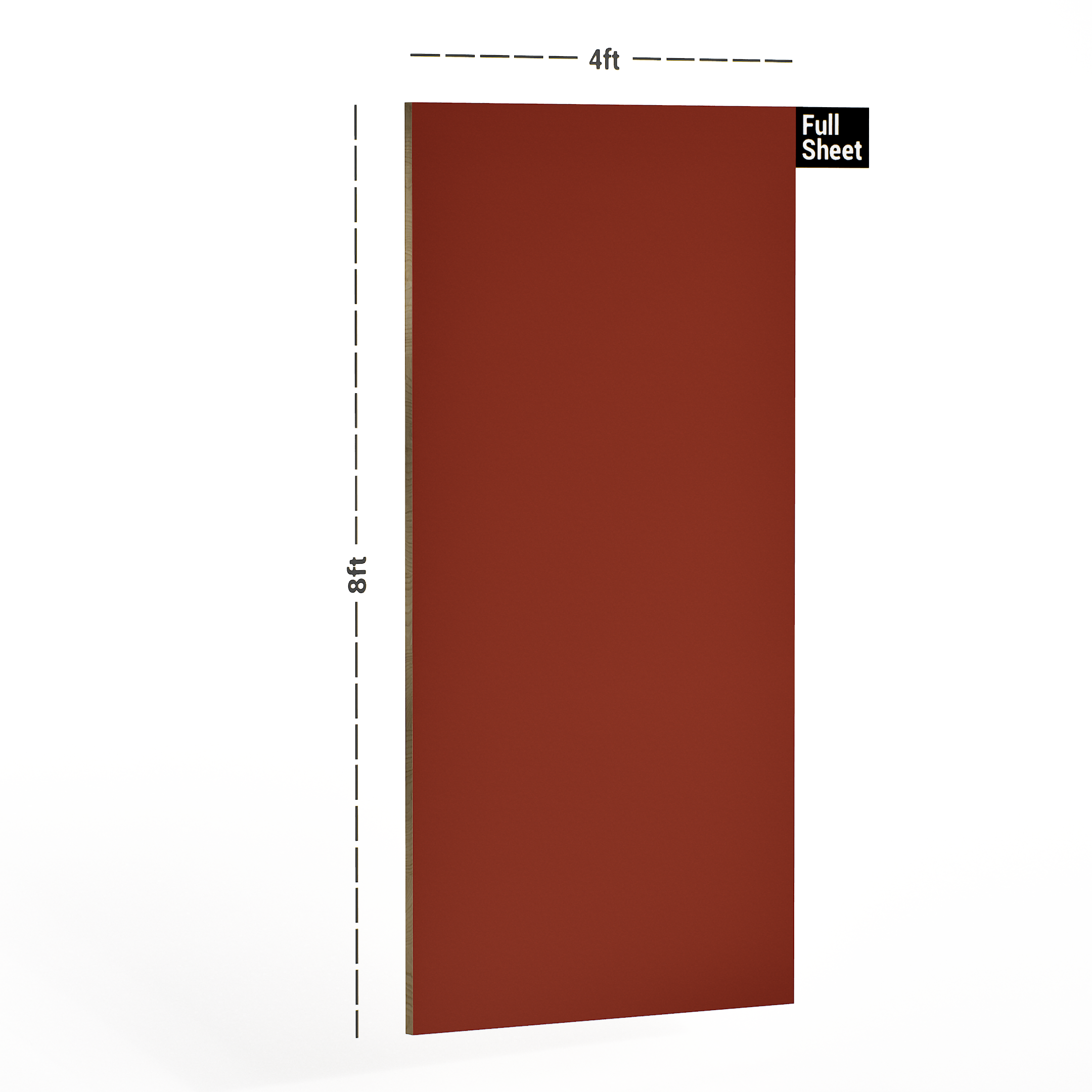 Dimension image of 394 SF Solid Series Ruby Red 8 ft x 4 ft Suede Finish Laminate - 1 mm in an isometric setup | Material Depot