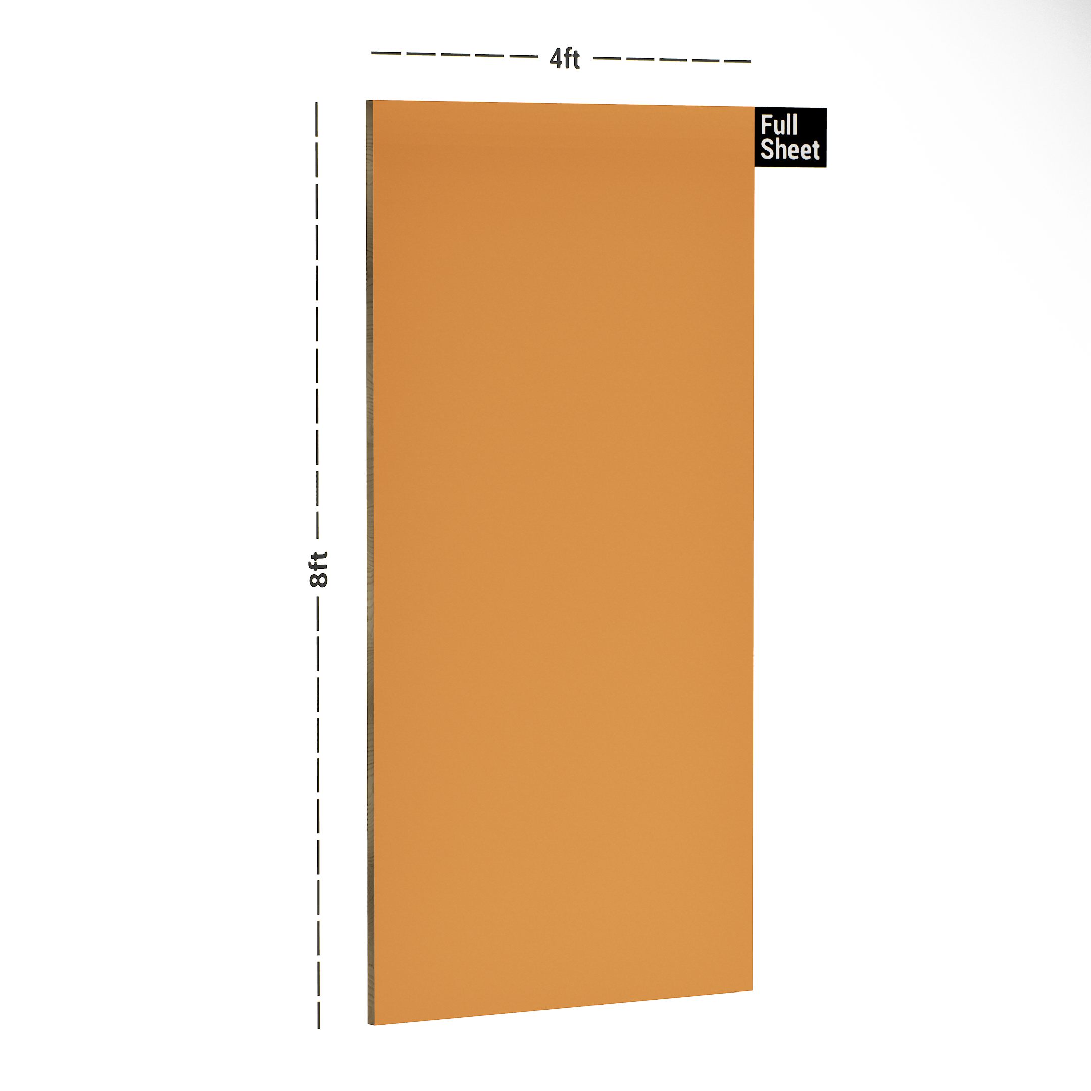 Dimension image of 212 SF Solid Series Orange Marinda 8 ft x 4 ft Suede Finish Laminate - 1 mm in an isometric setup | Material Depot