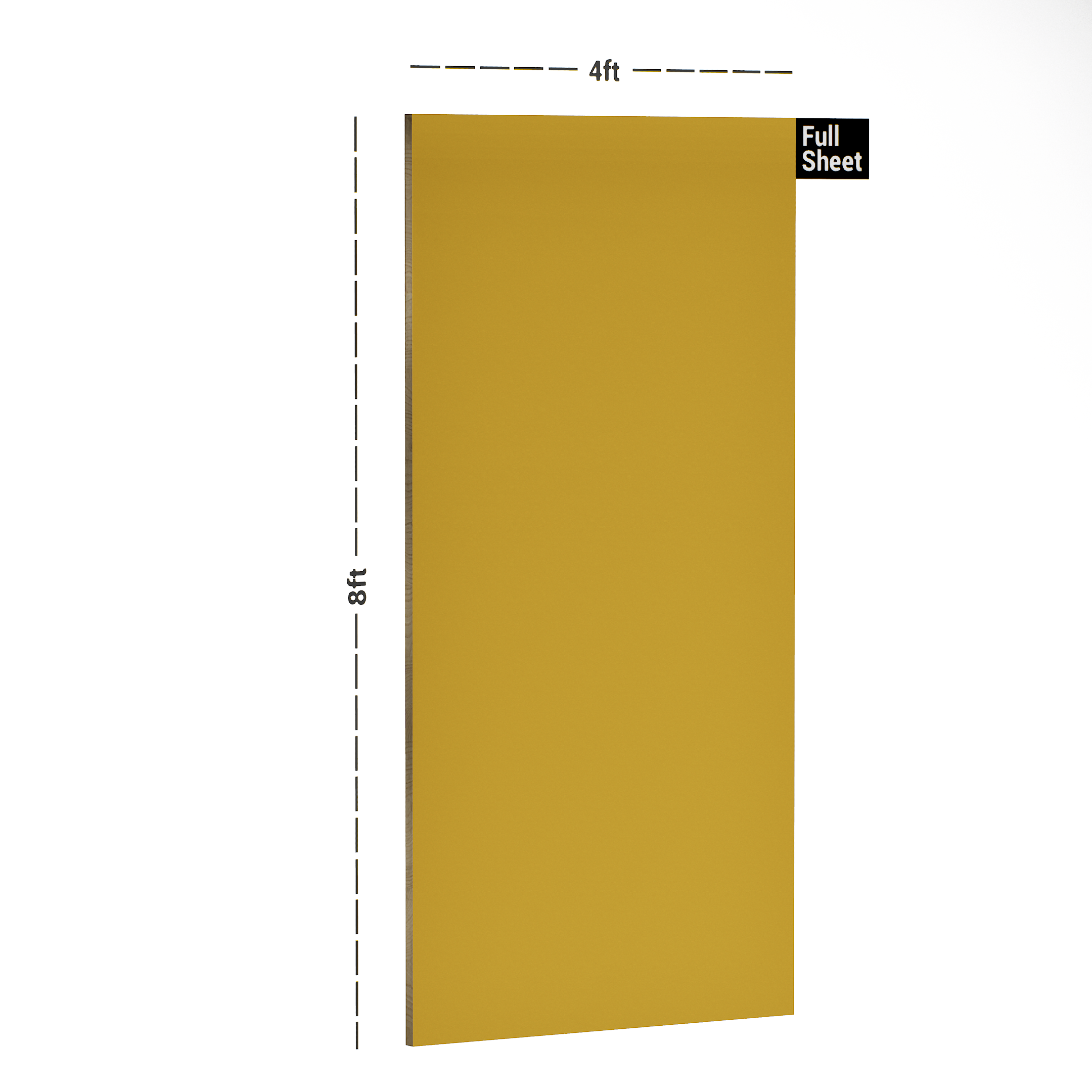 Dimension image of SF 9121 Pretty Mustard 8 ft x 4 ft Solid Suede Finish Laminate - 0.82 mm in an isometric setup | Material Depot