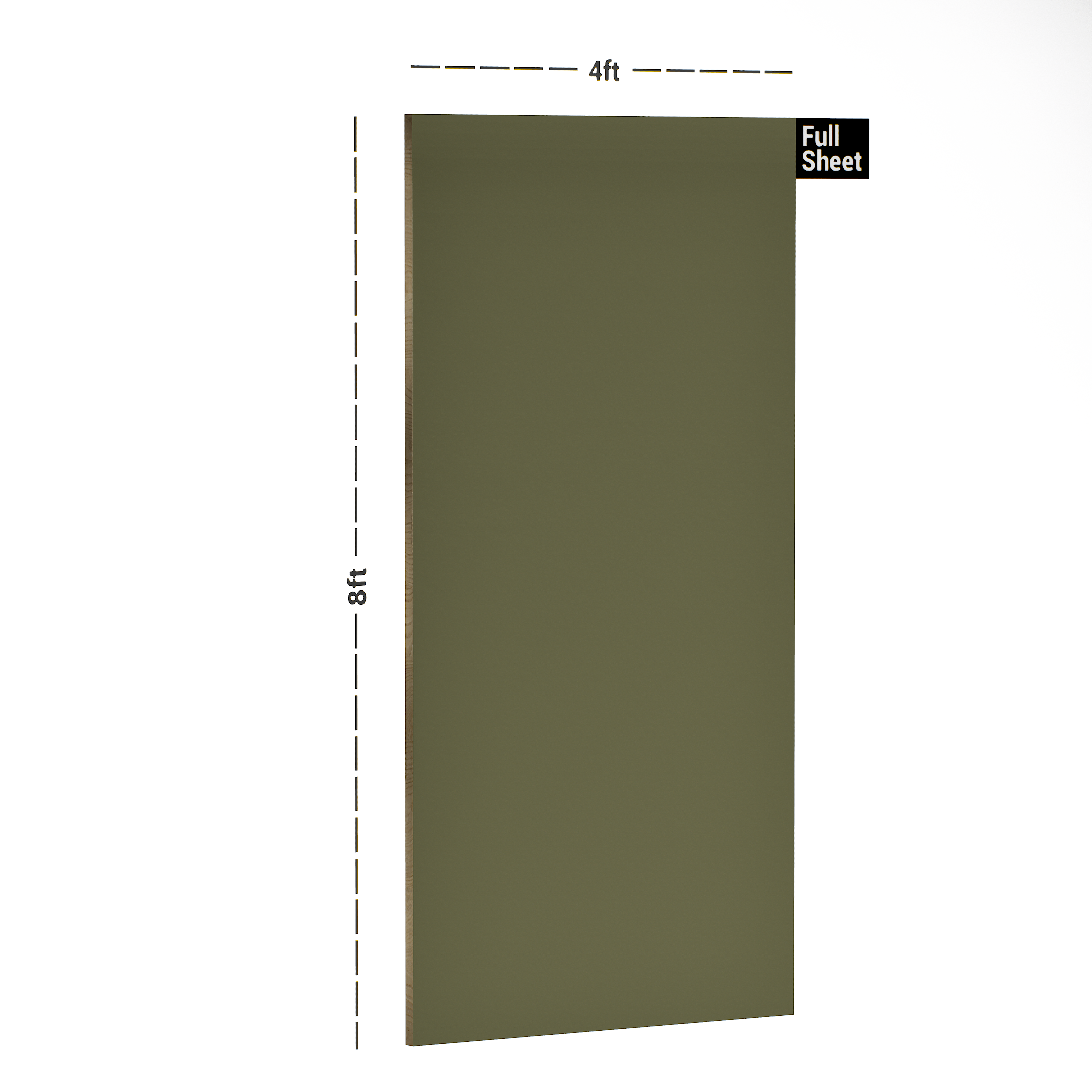 Dimension image of PC 95 L121 Army Green 8 ft x 4 ft Velvet Finish Laminate - 1 mm in an isometric setup | Material Depot