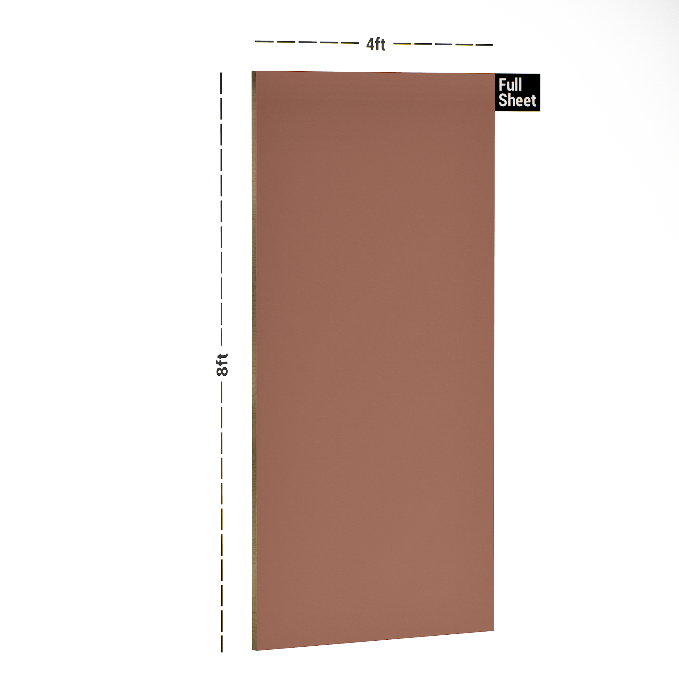 Dimension image of PC 68 L22 Prime Pink 8 ft x 4 ft Pearl Finish Laminate - 1 mm in an isometric setup | Material Depot