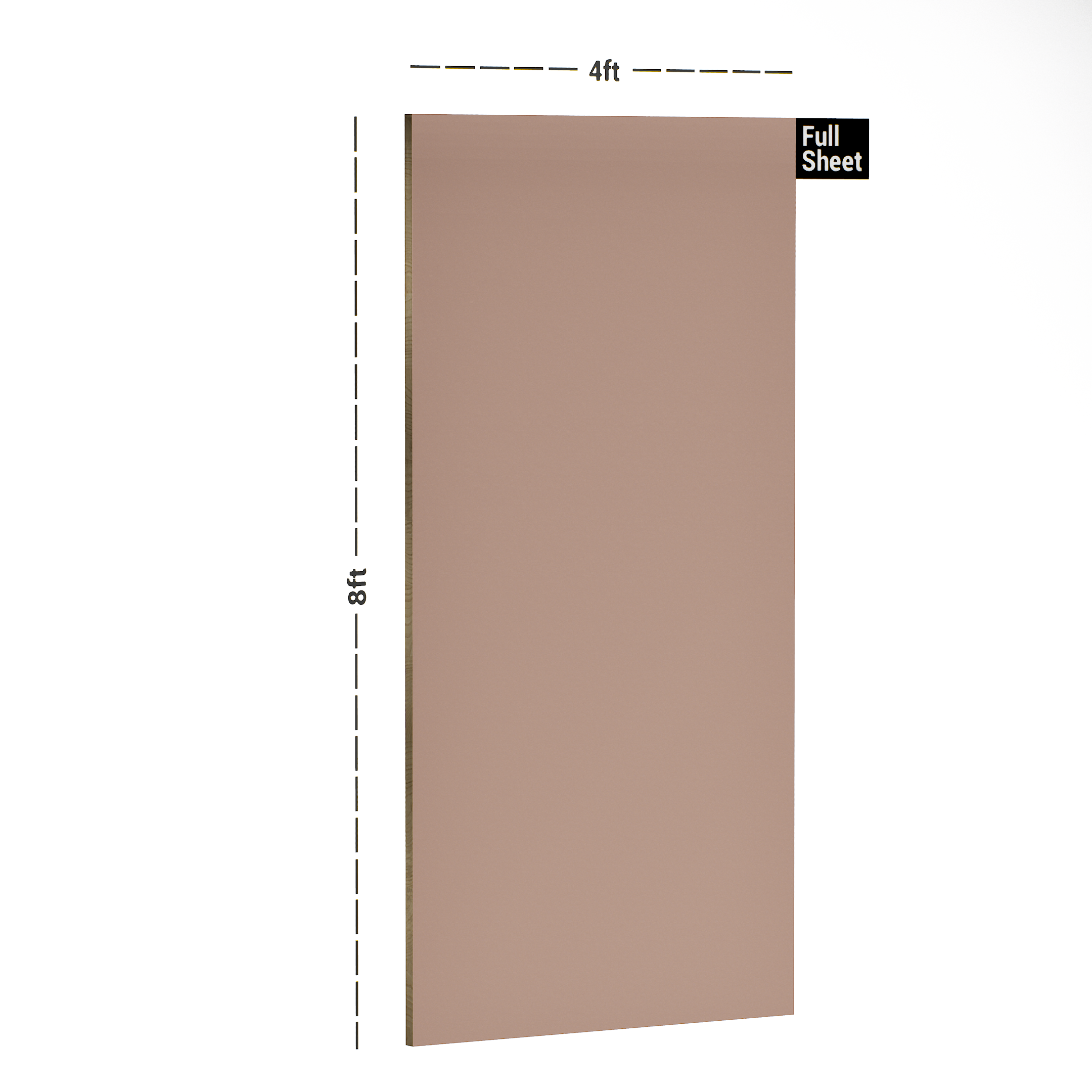 Dimension image of PC 104 L109 Brunette 8 ft x 4 ft Silky Suede Finish Laminate - 1 mm in an isometric setup | Material Depot