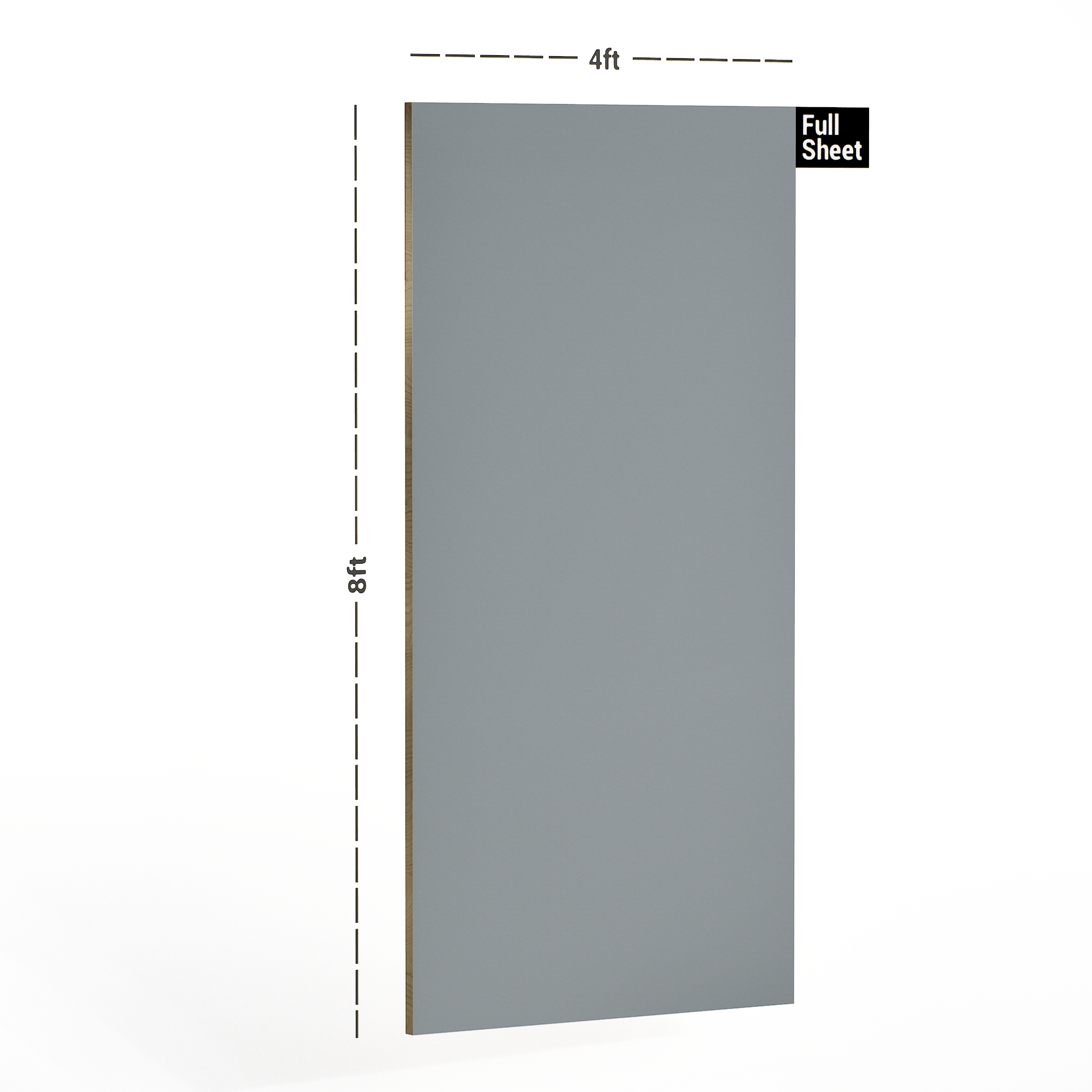 Dimension image of 1236 HG Pigeon Grey Virgo Croma 8 ft x 4 ft Soild Colors High Gloss Finish Laminate - 0.8 mm in an isometric setup | Material Depot