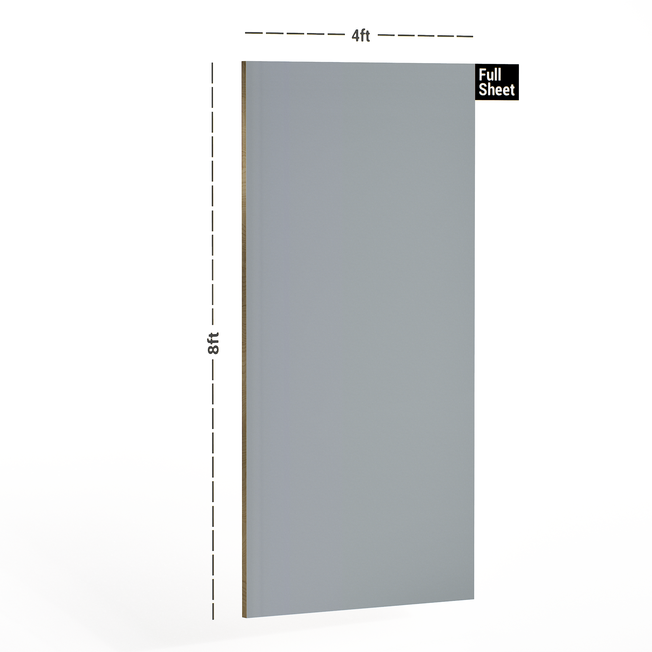 Dimension image of 1234 HG Silver Grey Virgo Croma 8 ft x 4 ft Soild Colors High Gloss Finish Laminate - 0.8 mm in an isometric setup | Material Depot