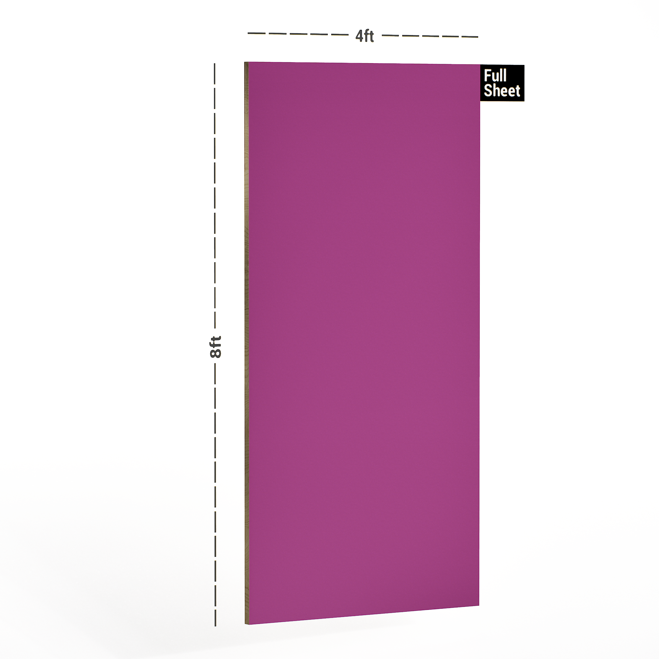 Dimension image of 1204 HG Rosy Pink Virgo Croma 8 ft x 4 ft Soild Colors High Gloss Finish Laminate - 0.8 mm in an isometric setup | Material Depot