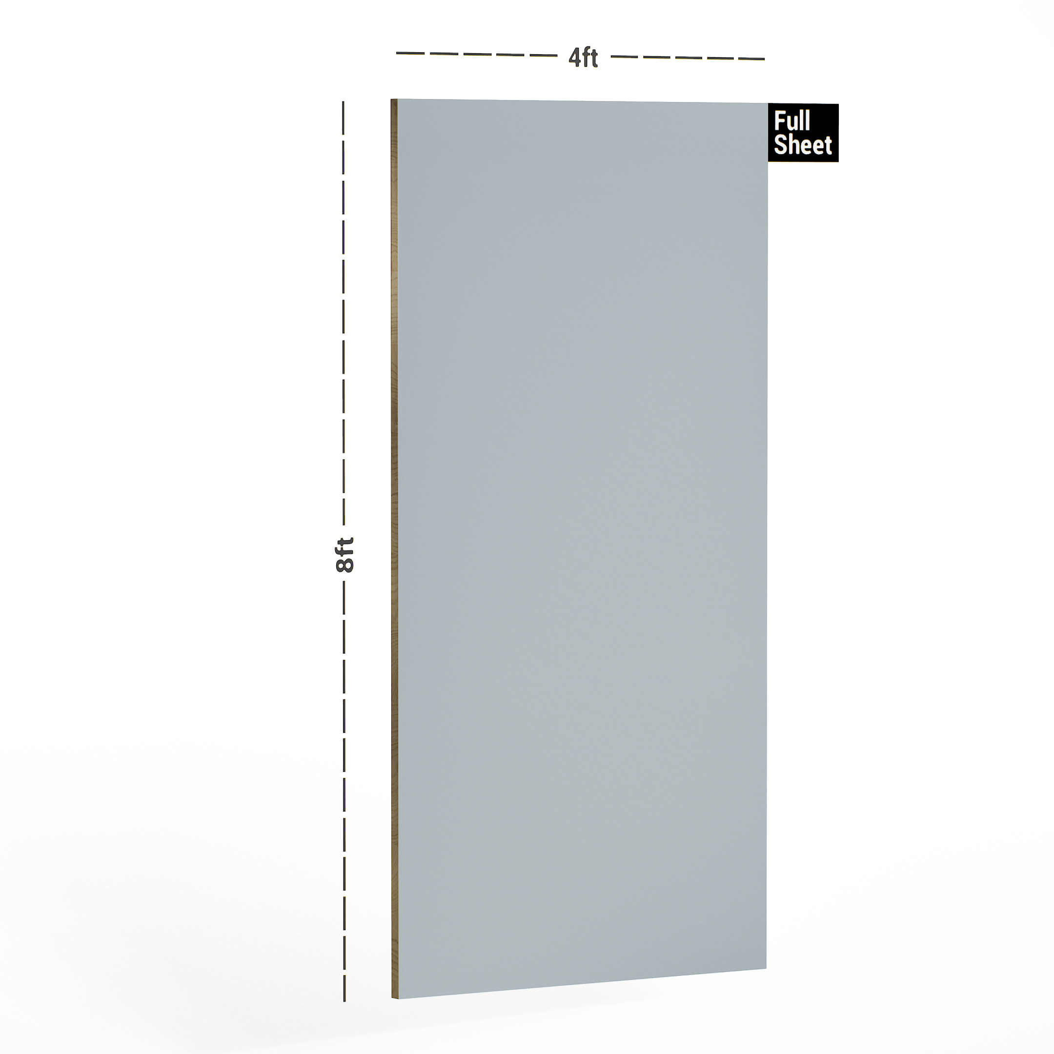 Dimension image of 1102 HG Blush Grey Virgo Croma 8 ft x 4 ft Soild Colors High Gloss Finish Laminate - 0.8 mm in an isometric setup | Material Depot