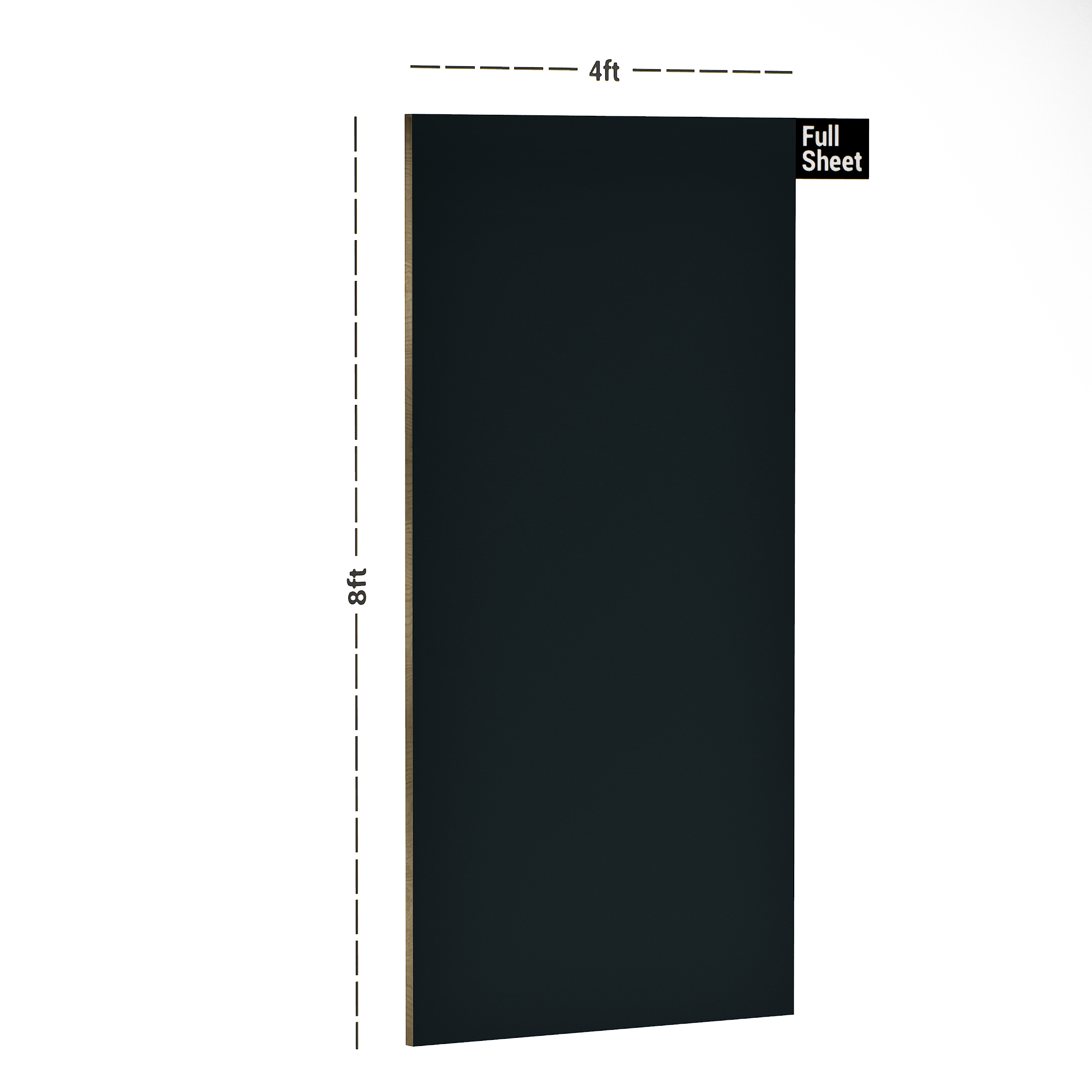 Dimension image of PT 117 8 ft x 4 ft High Gloss Finish 6H Anti Scratch Acrylic Laminate - 1.5 mm | Matching Edgeband Code - EB 117 in an isometric setup | Material Depot