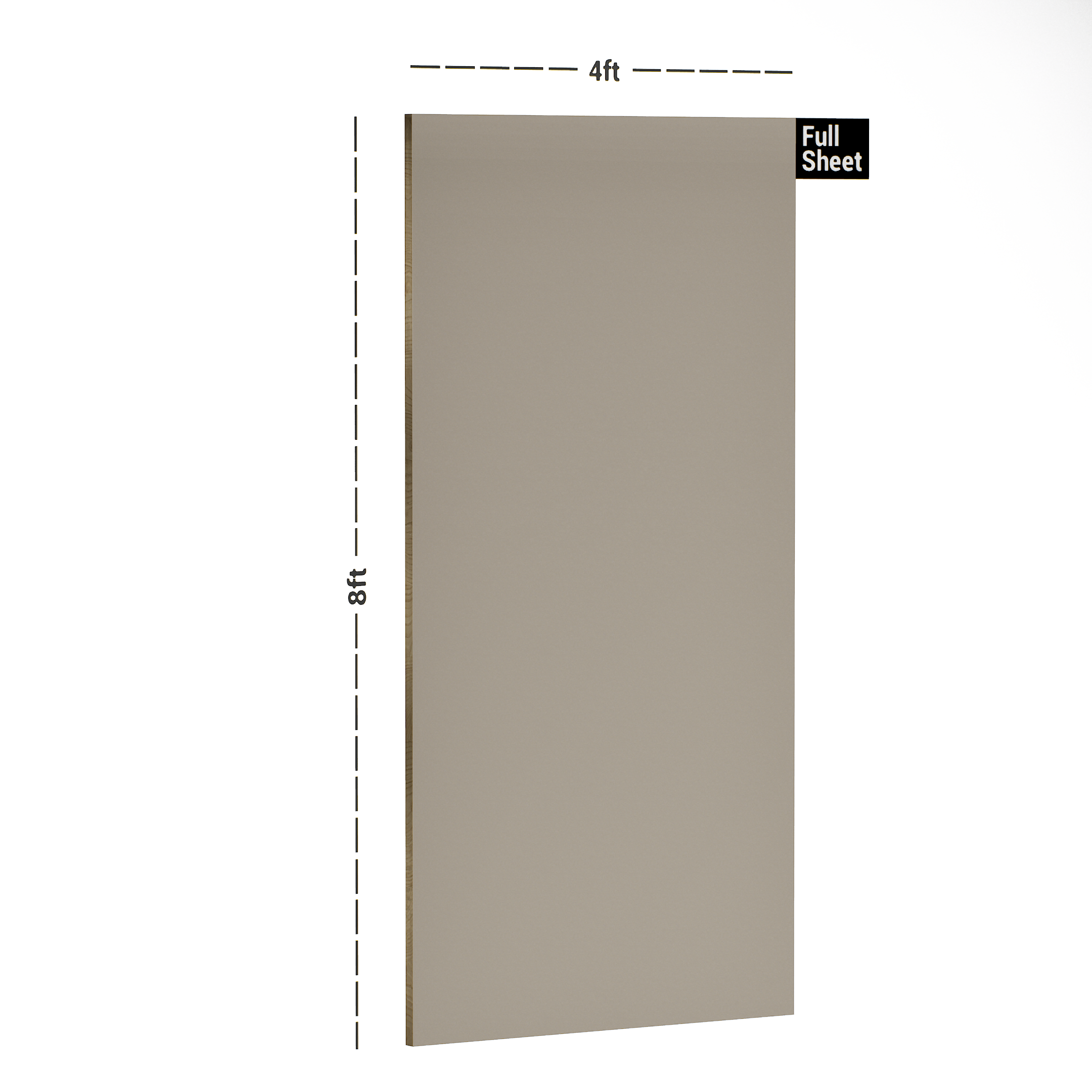 Dimension image of PT 120 8 ft x 4 ft High Gloss Finish 6H Anti Scratch Acrylic Laminate - 1.5 mm | Matching Edgeband Code - EB 120 in an isometric setup | Material Depot