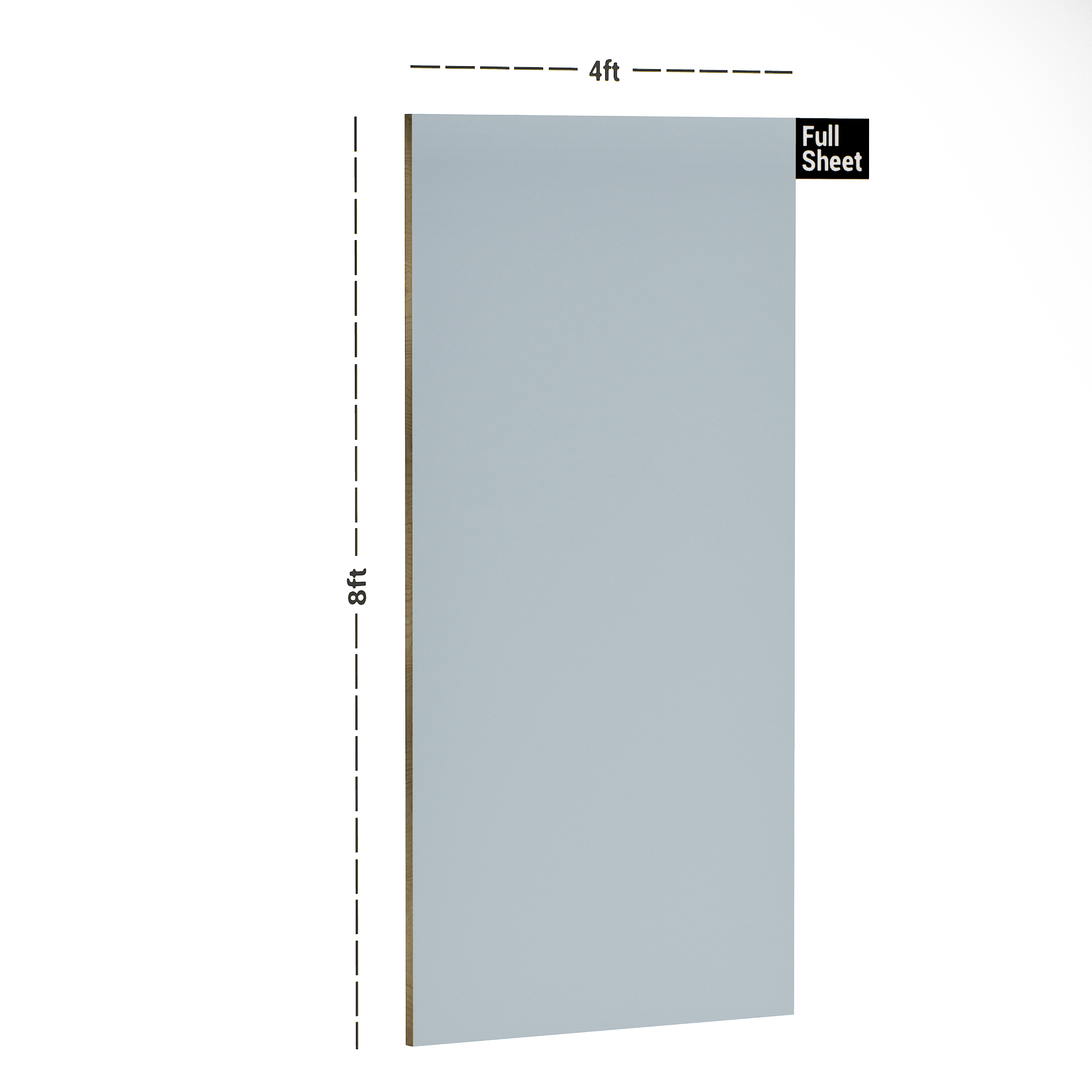 Dimension image of PT 121 8 ft x 4 ft High Gloss Finish 6H Anti Scratch Acrylic Laminate - 1.5 mm | Matching Edgeband Code - EB 121 in an isometric setup | Material Depot