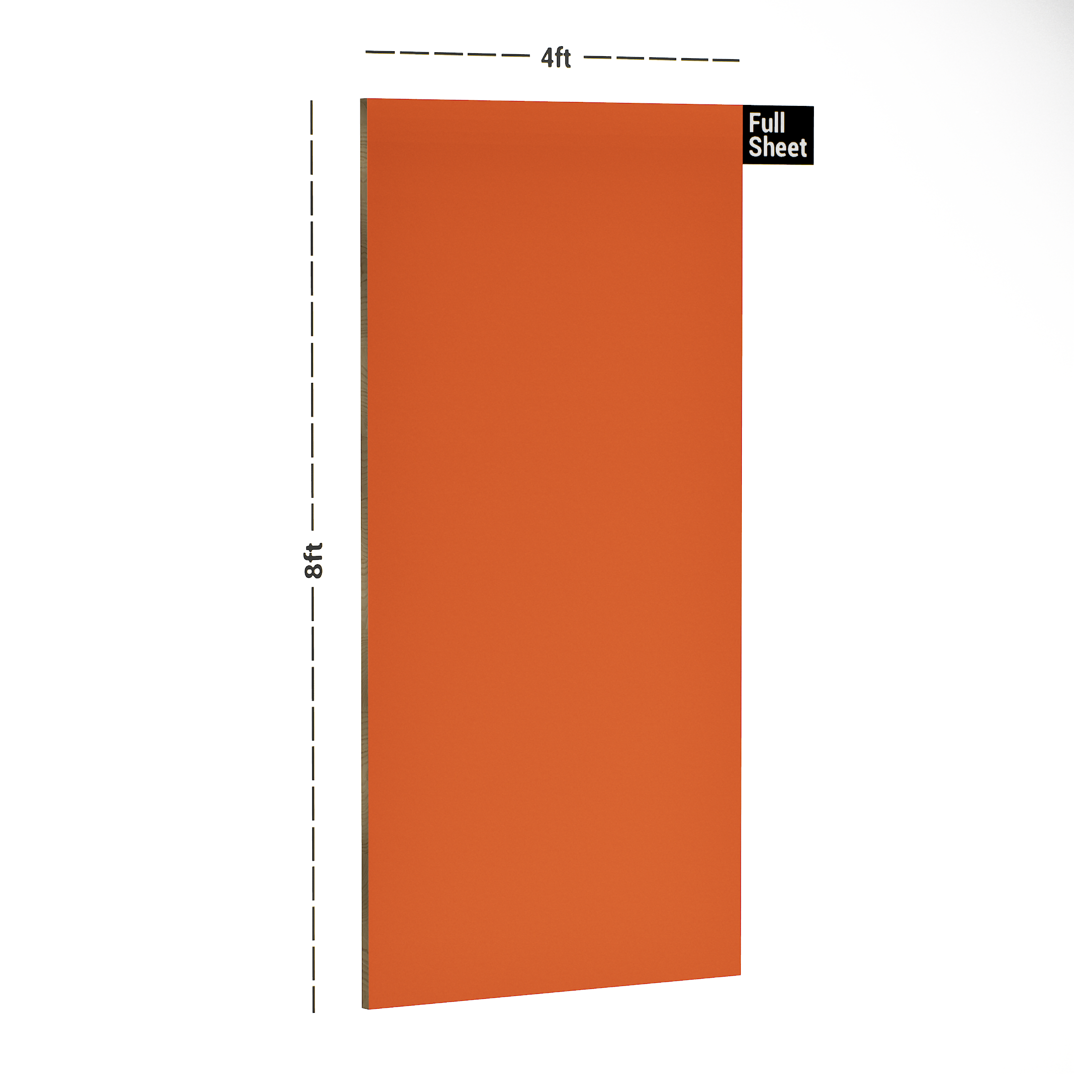 Dimension image of 21414 OTL Neo Tangerine 8 ft x 4 ft Oriental Finish Merino Cal Plus Laminate - 0.8 mm in an isometric setup | Material Depot