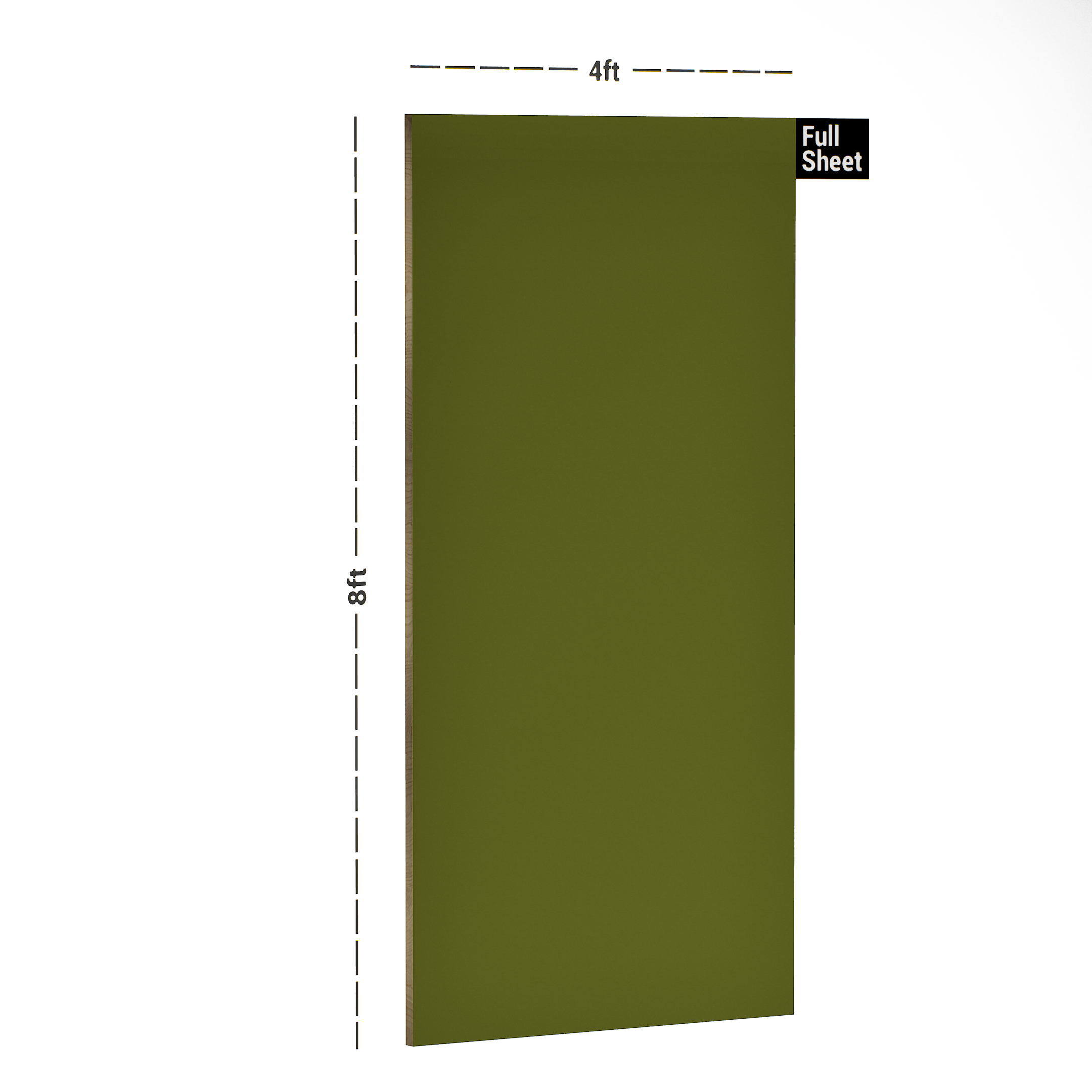 Dimension image of UA 1253 Emerald Green 8 ft x 4 ft Solid Finish 6H Antiscratch Acrylic Laminates - 1.5 mm in an isometric setup | Material Depot