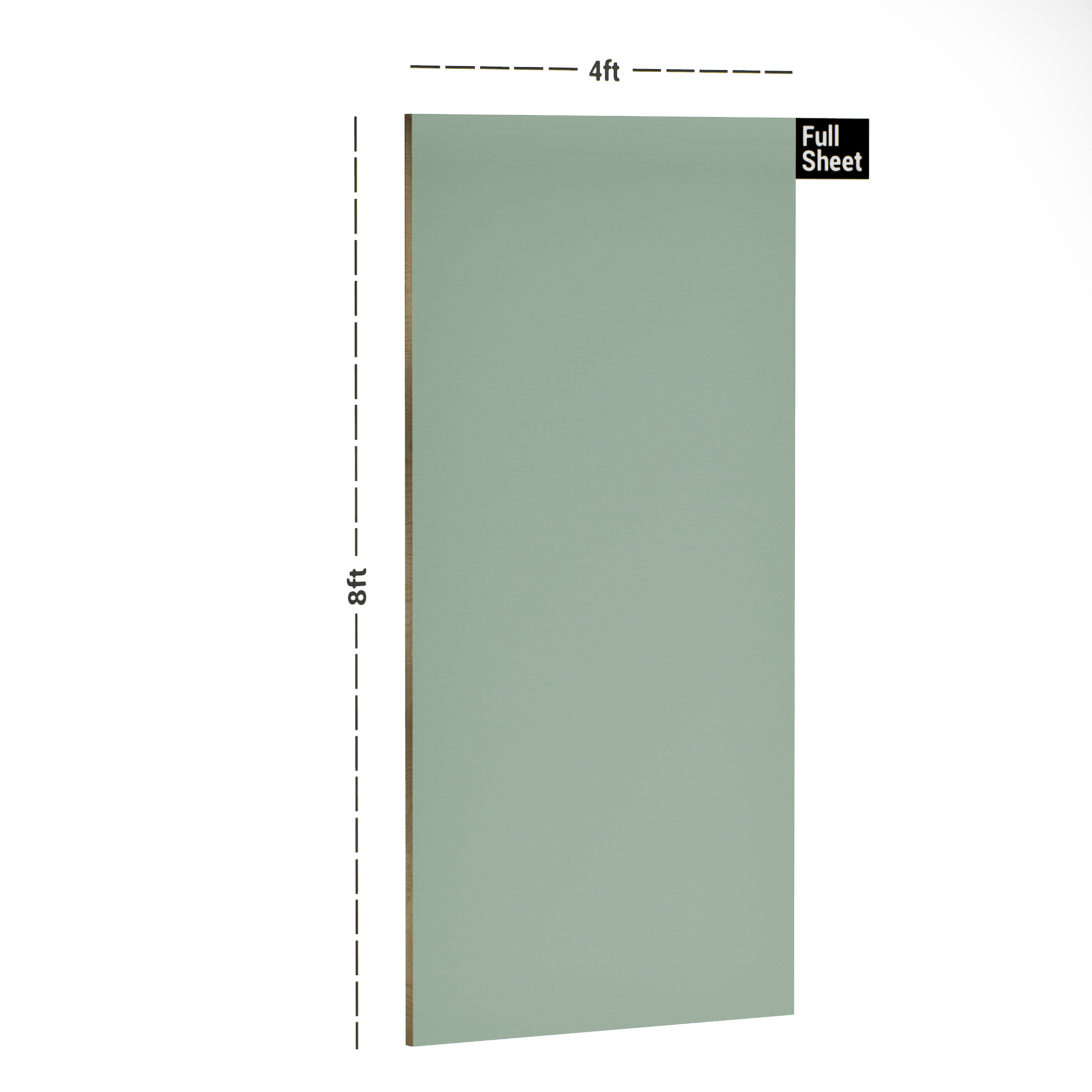 Dimension image of UA 1257 Bean Green 8 ft x 4 ft Solid Finish 6H Antiscratch Acrylic Laminates - 1.5 mm in an isometric setup | Material Depot