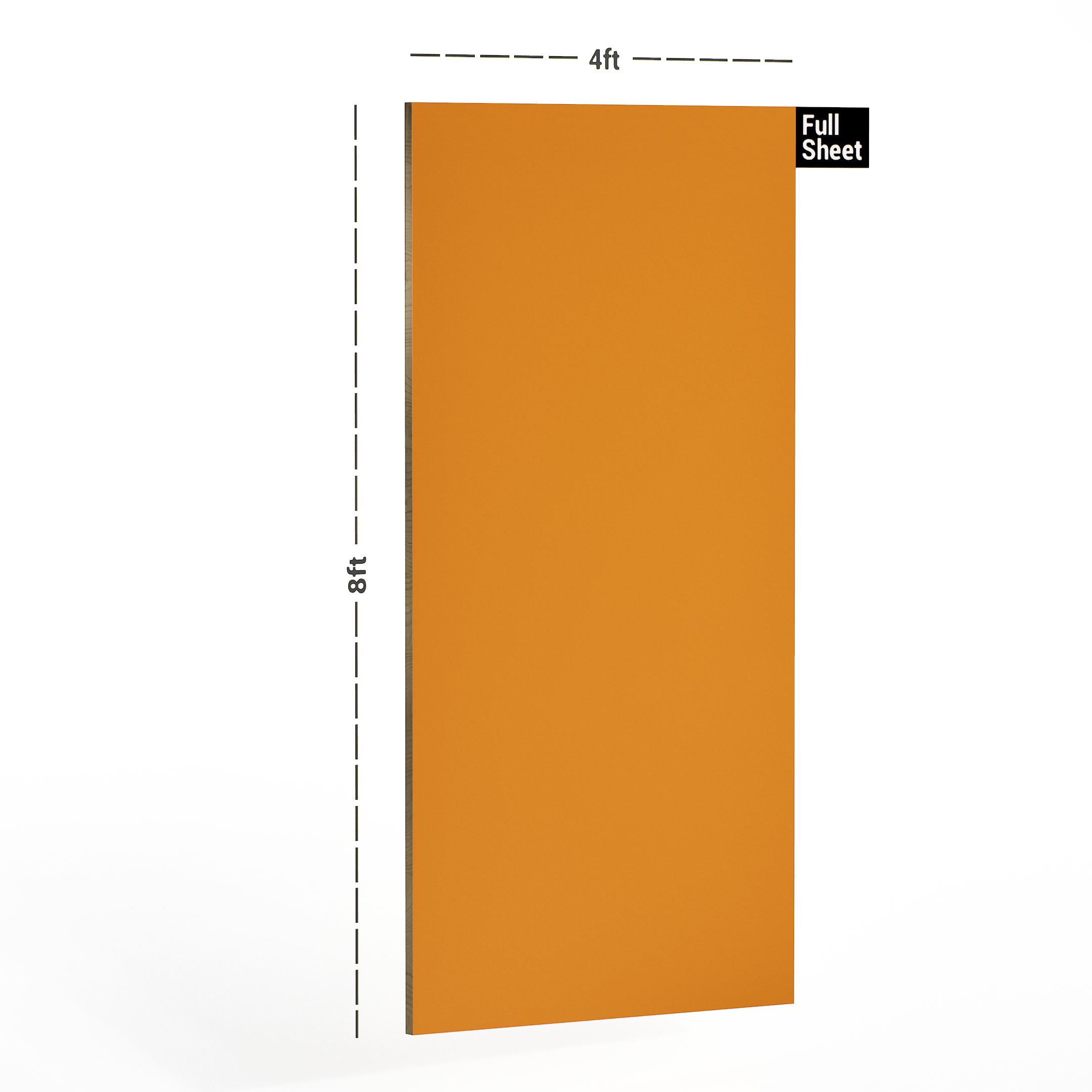 Dimension image of 1137 SF Solid Color Orange 8 ft x 4 ft Laminate - 0.8 mm in an isometric setup | Material Depot