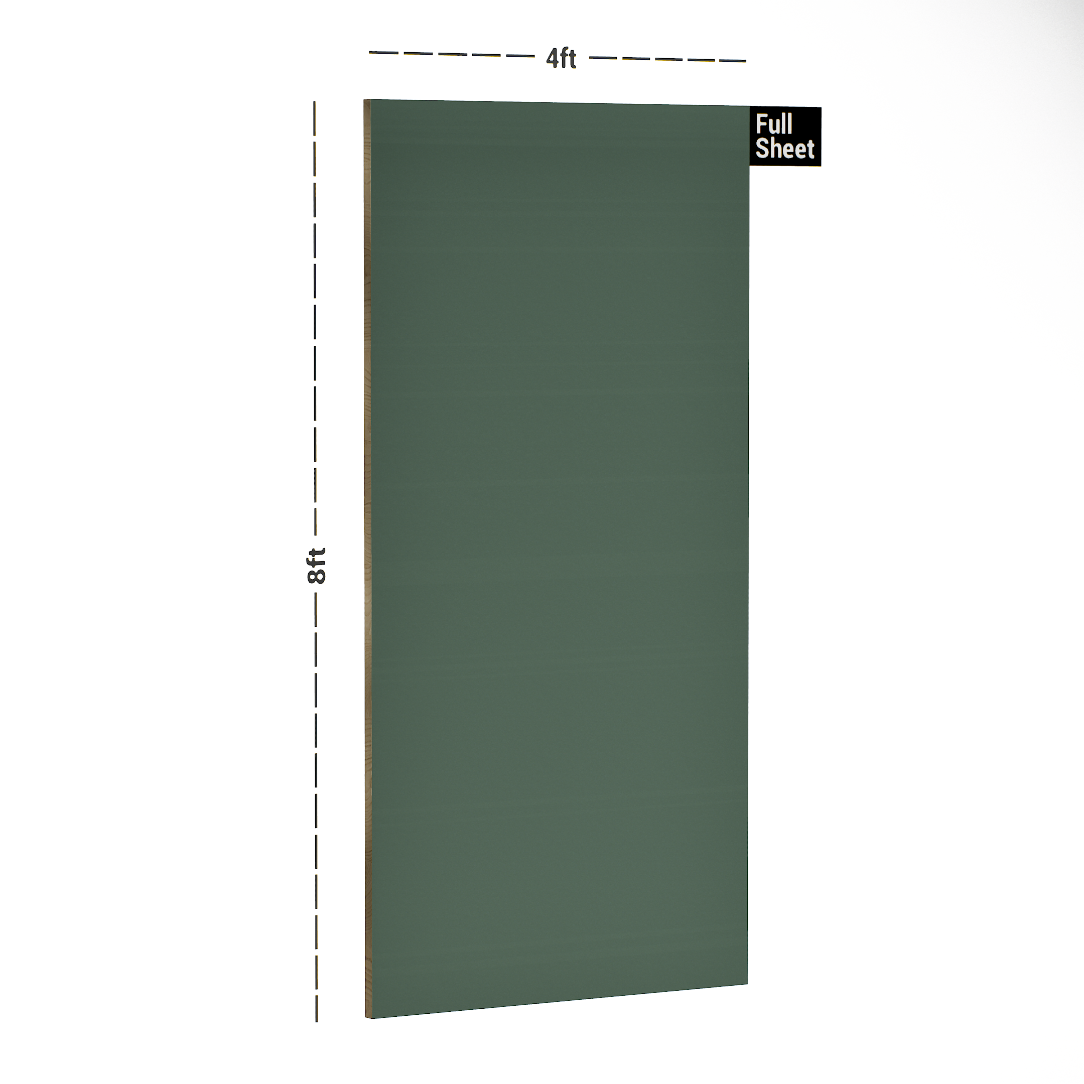 Dimension image of 2114 TM Elite Series Pastels Olive Green 8 ft x 4 ft Laminate - 1 mm in an isometric setup | Material Depot