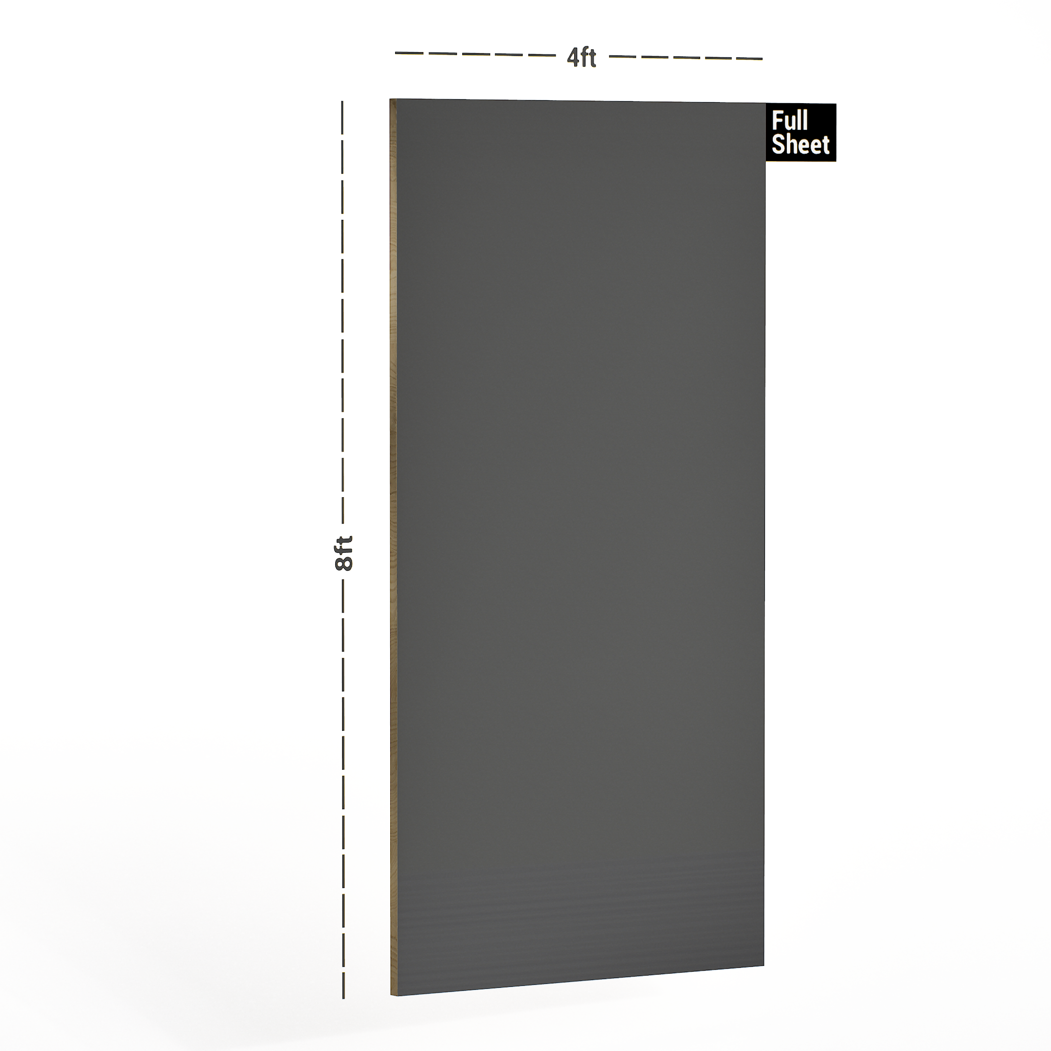 Dimension image of 115 SS Slate Grey 8 ft x 4 ft Silky Soft Finish Laminate - 1 mm in an isometric setup | Material Depot