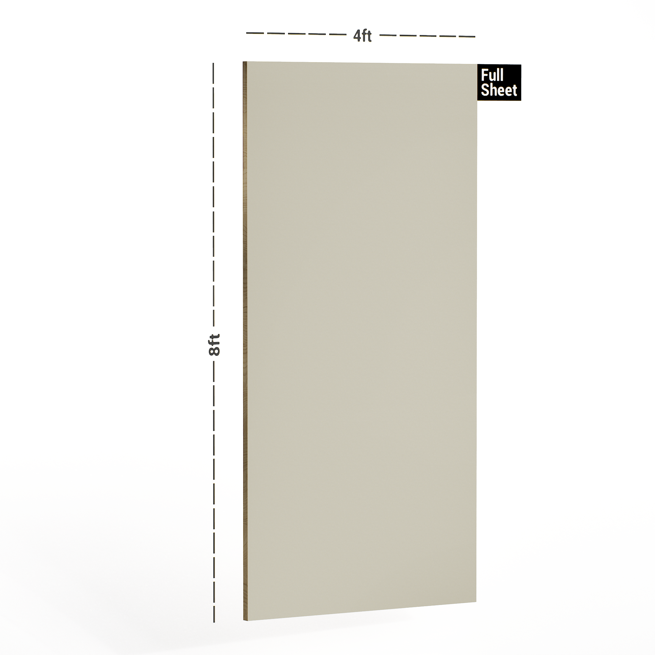 Dimension image of 108 SF Beige 8 ft x 4 ft Plain Colour Finish Laminate - 1 mm in an isometric setup | Material Depot