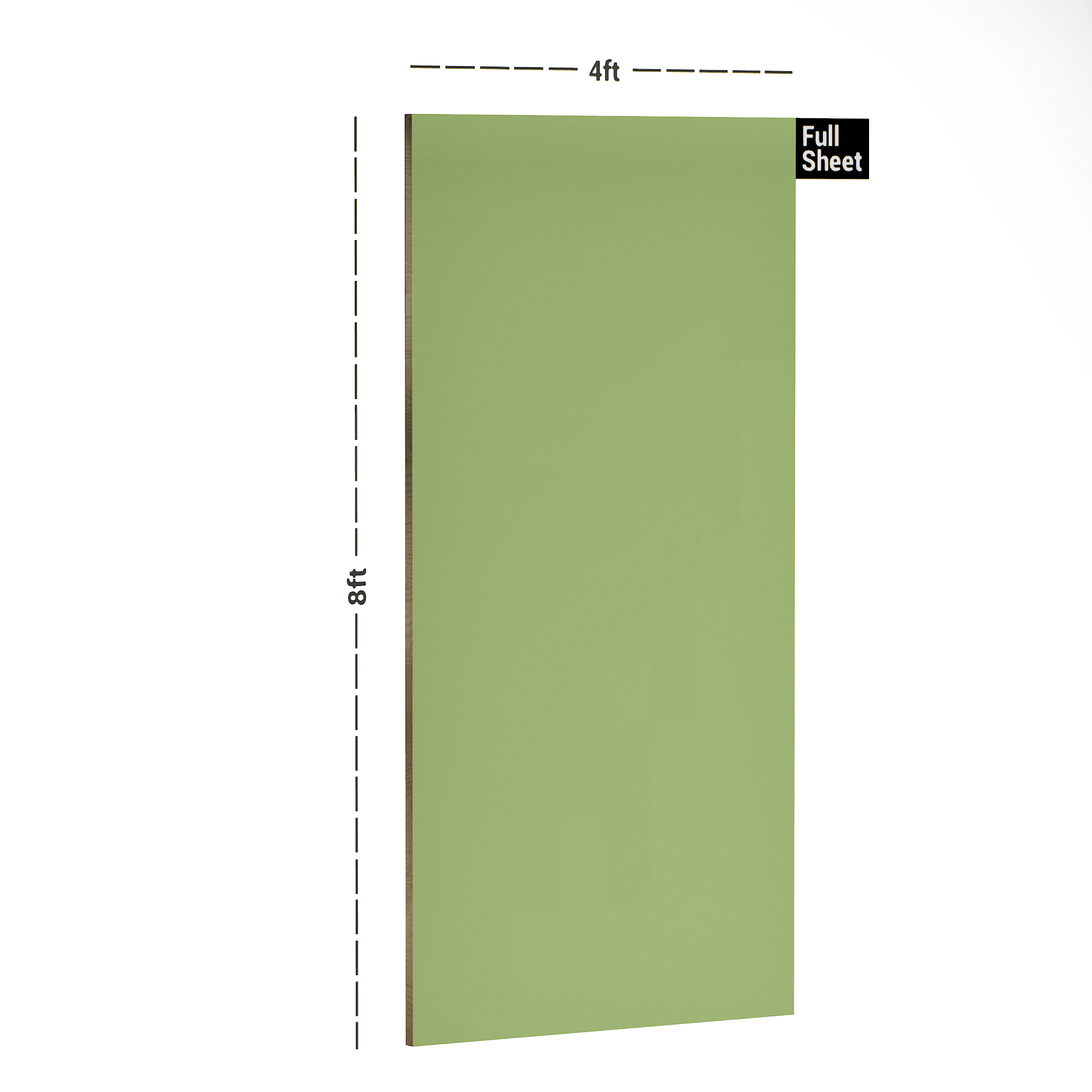 Dimension image of S1126 UG Pastel Lime 8 ft x 4 ft Ultra HD Gloss Finish Pastels Series Sainik Laminate - 1 mm in an isometric setup | Material Depot