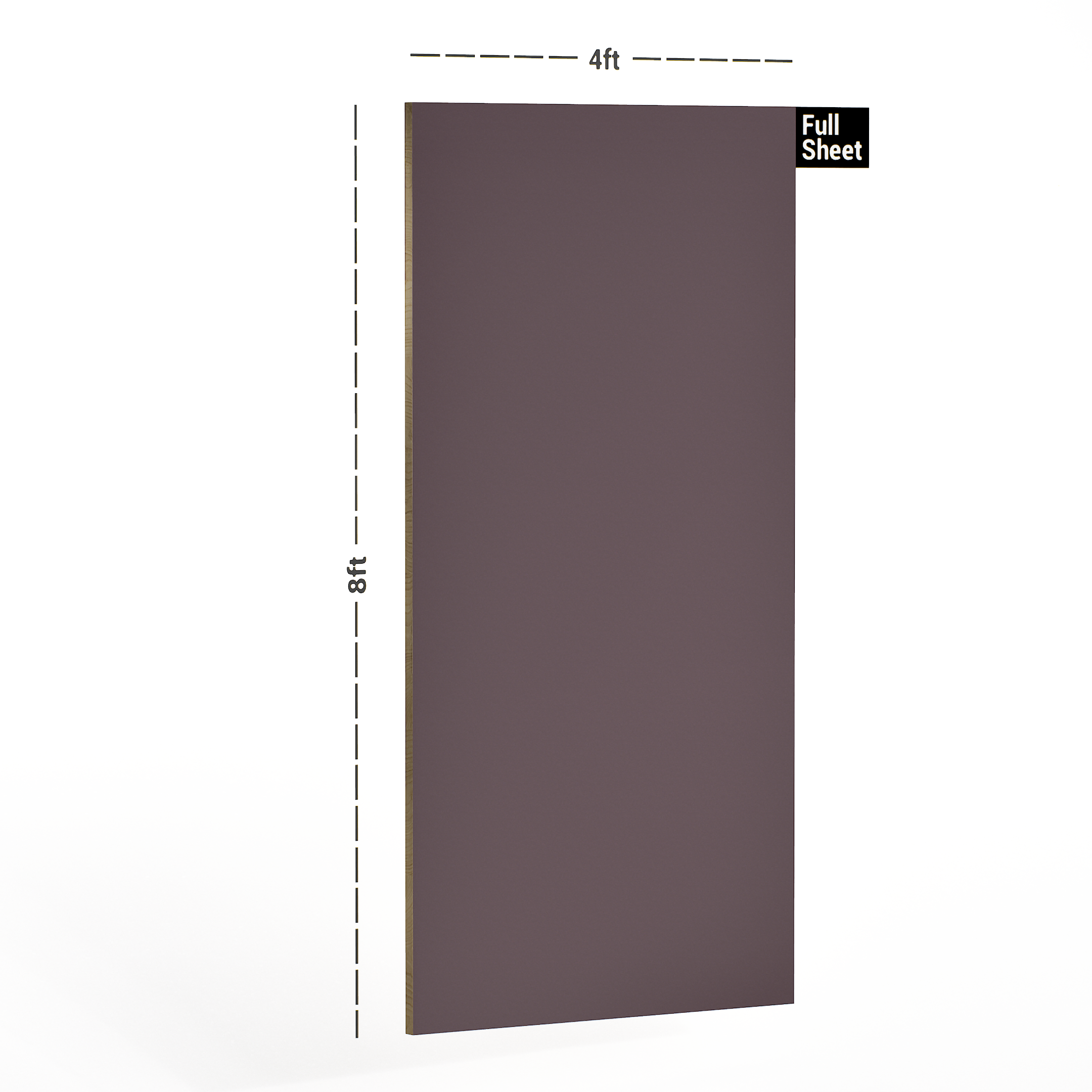 Dimension image of 1057 SMT Plum 8 ft x 4 ft Silky Matt Finish Decorative Laminate - 1 mm in an isometric setup | Material Depot