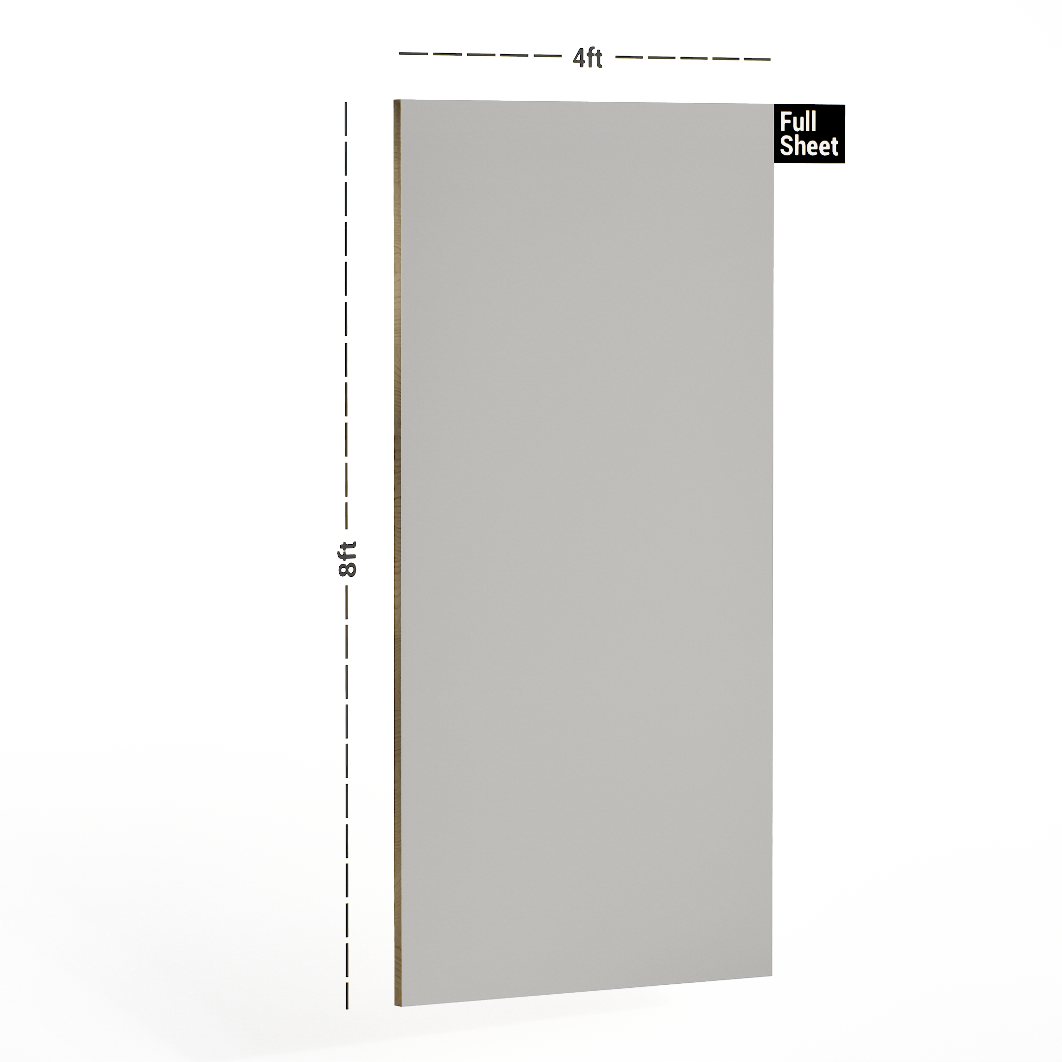 Dimension image of 1062 UHG Smoke Grey 8 ft x 4 ft Ultra High Gloss Finish Decorative Laminate - 1 mm in an isometric setup | Material Depot