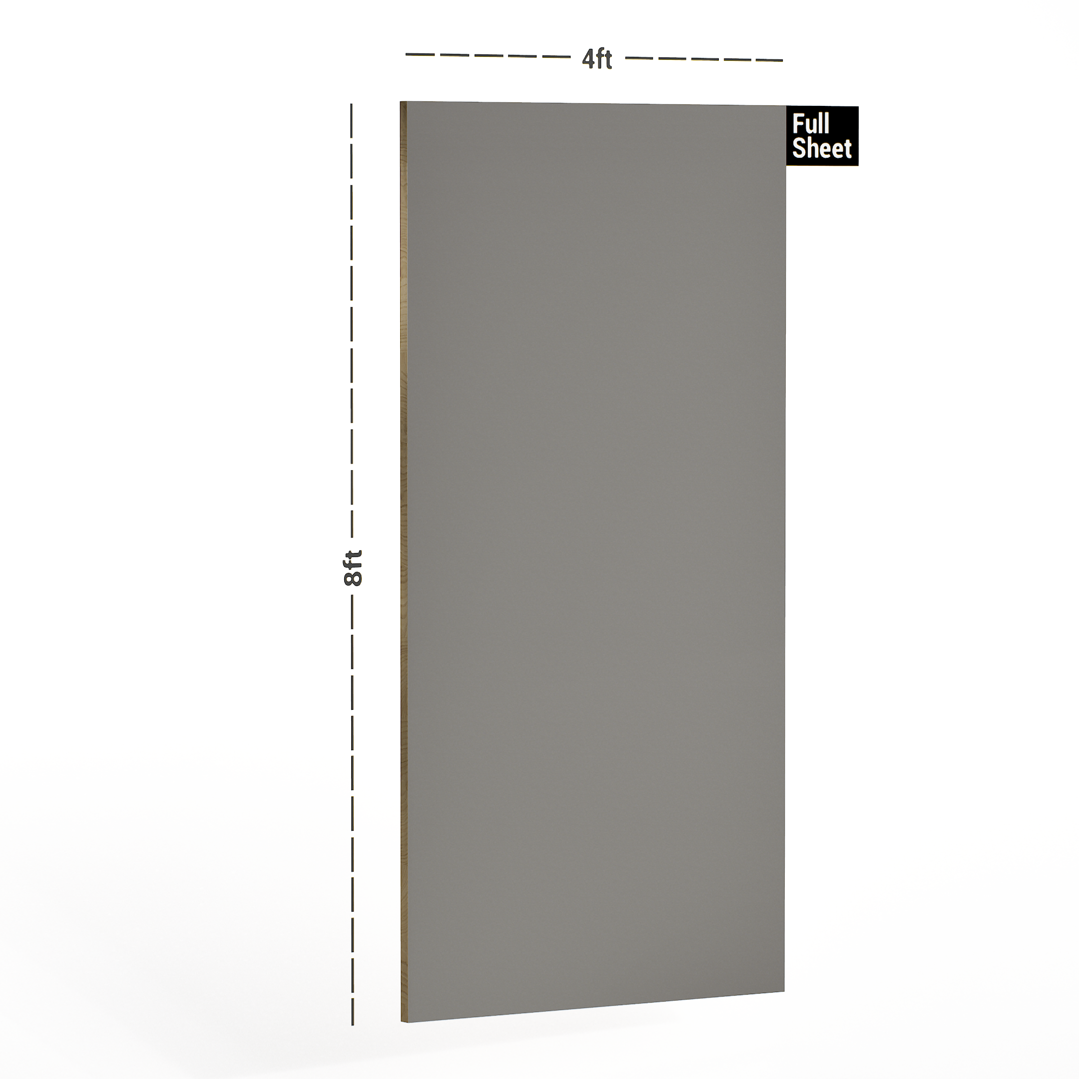 Dimension image of 1049 UHG Hope Grey 8 ft x 4 ft Ultra High Gloss Finish Decorative Laminate - 1 mm in an isometric setup | Material Depot