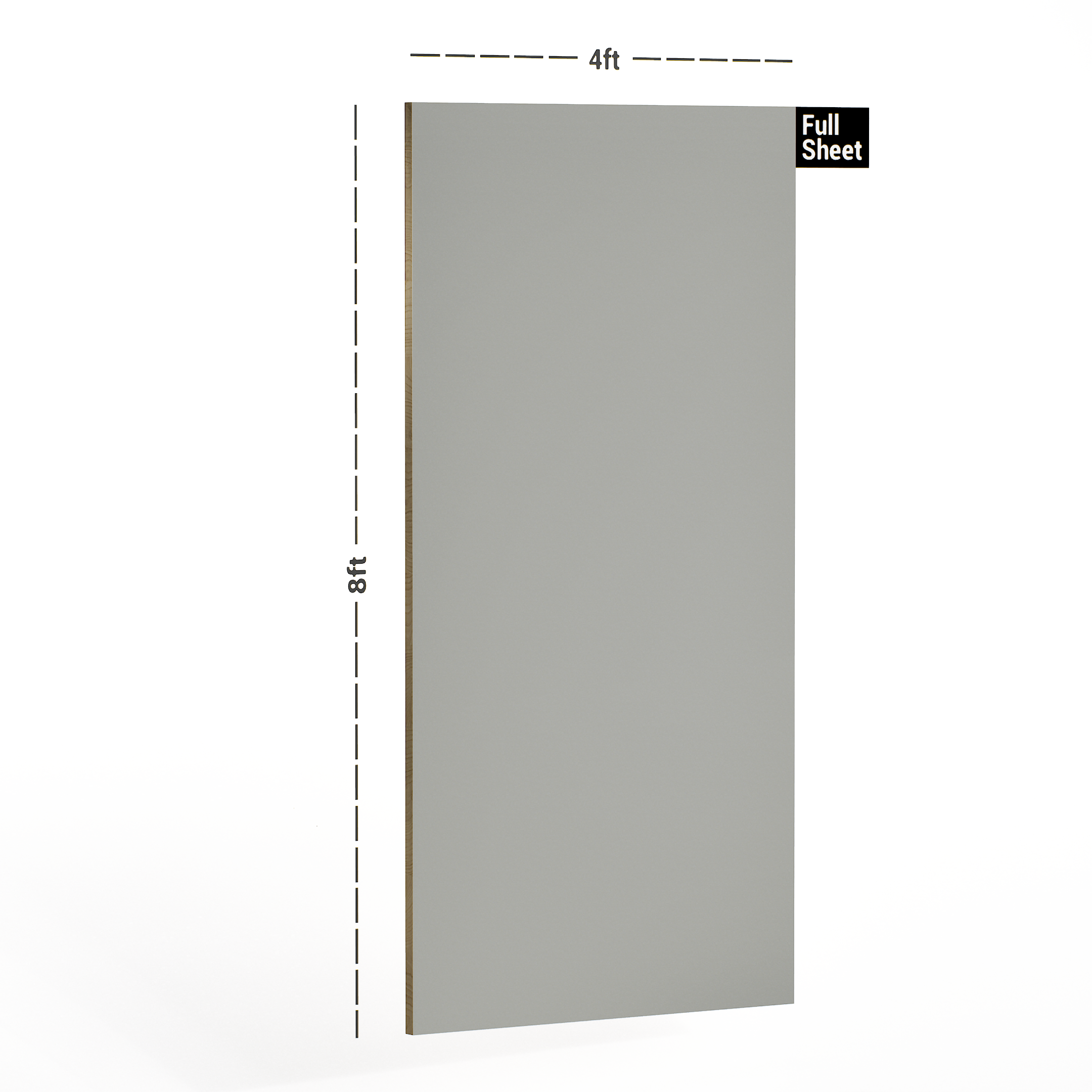 Dimension image of 1048 UHG Cloudy Grey 8 ft x 4 ft Ultra High Gloss Finish Decorative Laminate - 1 mm in an isometric setup | Material Depot