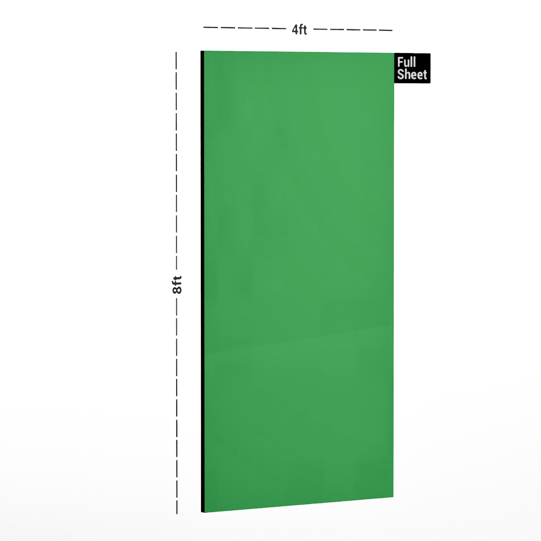 Dimension image of 7121 SUD Parrot Green 8 ft x 4 ft Solid Series Suede Finish New Point 8 Decorative Laminate 0.8 mm in an isometric setup | Material Depot