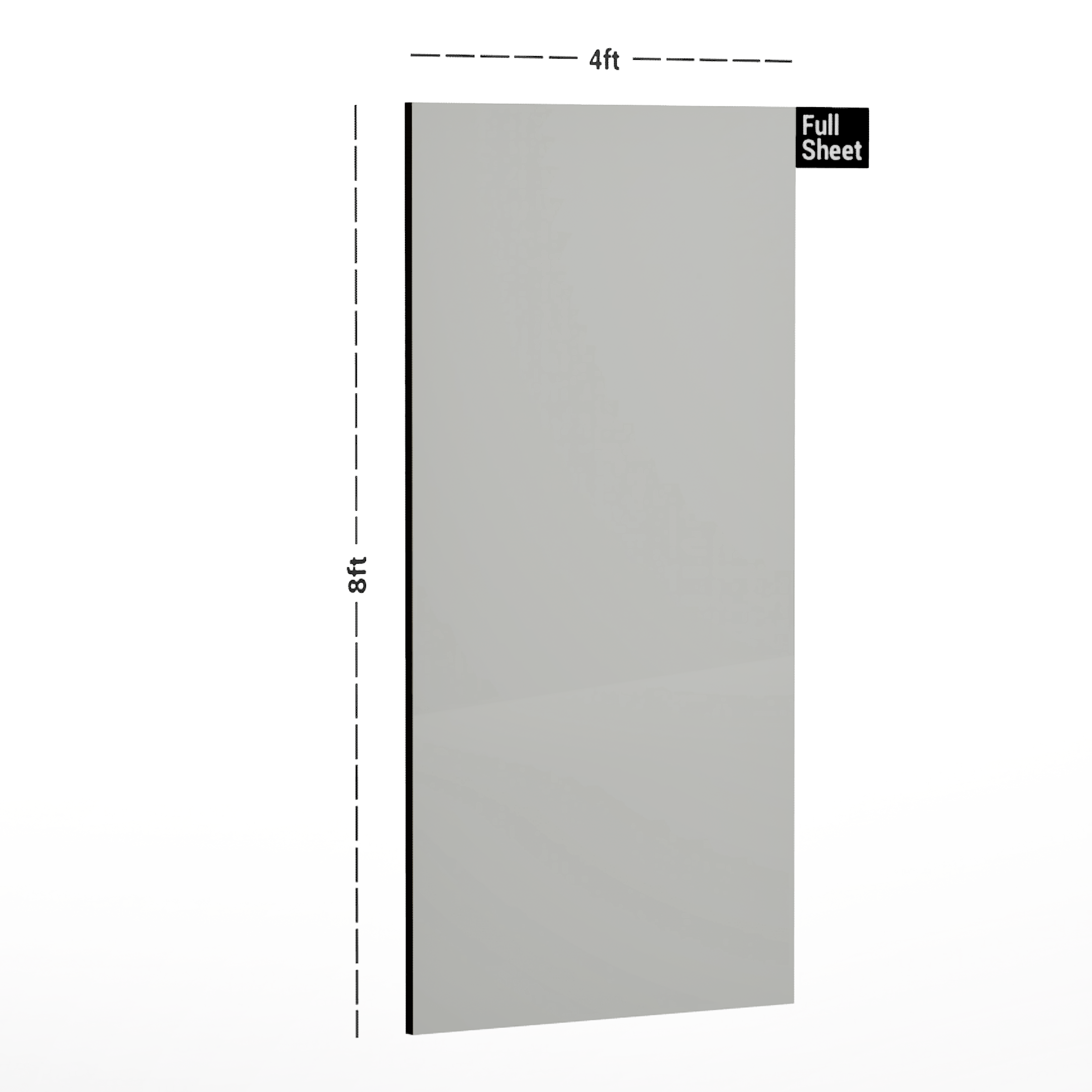 Dimension image of 8005 HGS Egg White 8 ft x 4 ft High Gloss Finish Decorative Laminate - 0.8 mm in an isometric setup | Material Depot