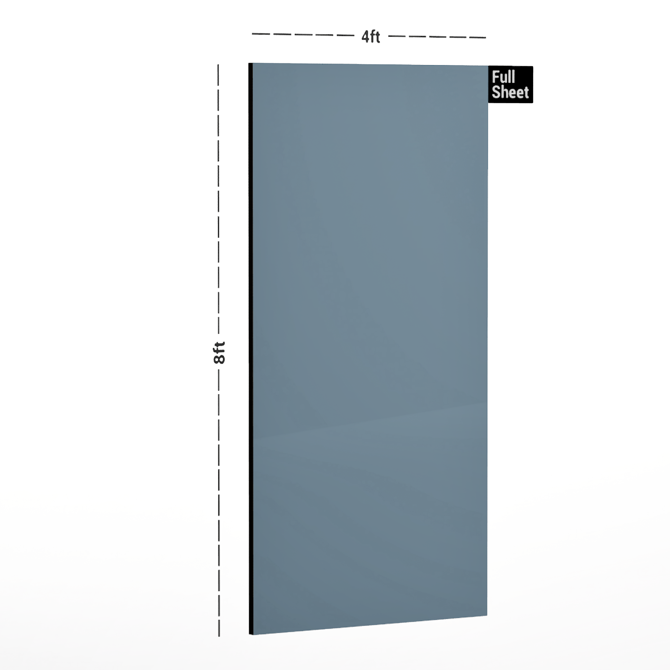 Dimension image of HG 238 Feather Blue 8 ft x 4 ft High Gloss Finish Colorado Series Decorative Laminate - 1 mm in an isometric setup | Material Depot