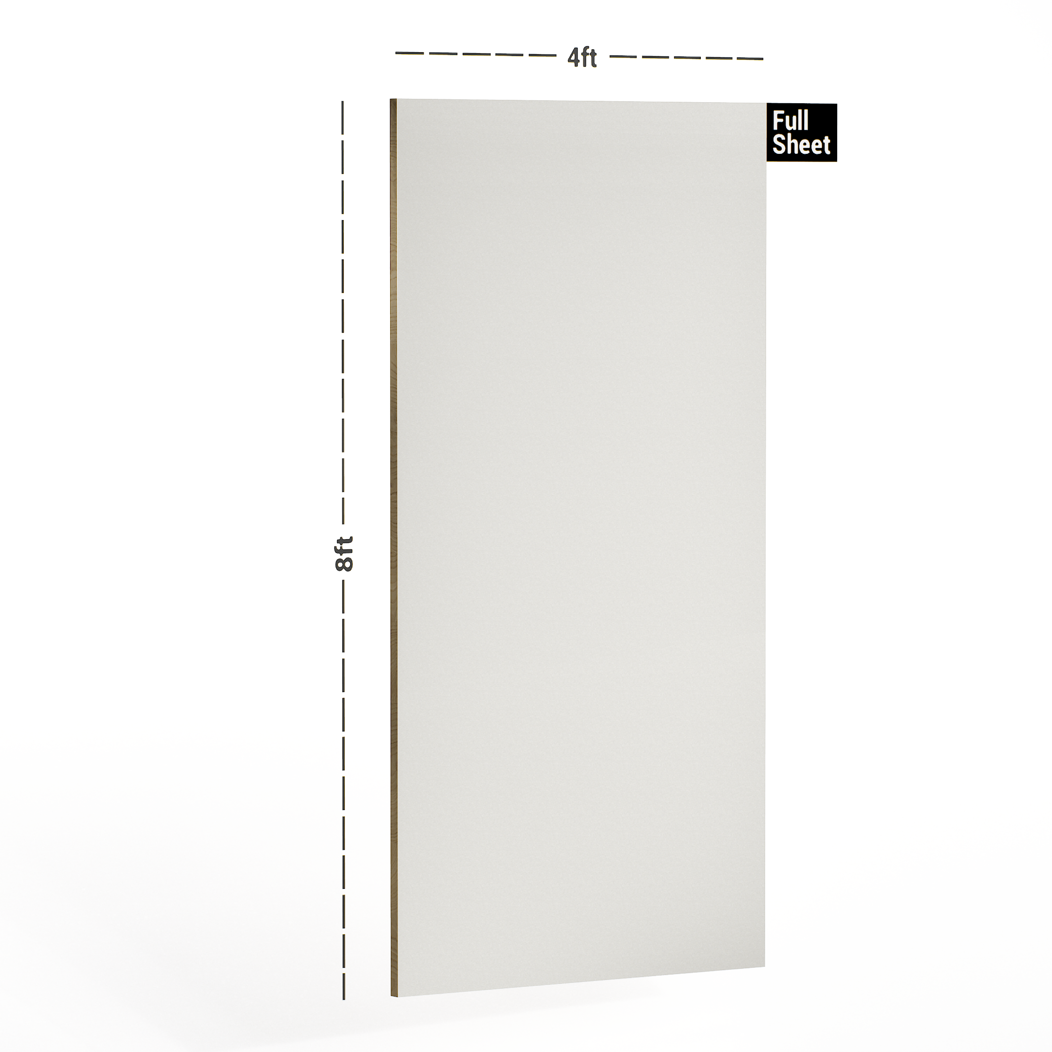 Dimension image of 102 SMT Titana weiss 8 ft x 4 ft Satin Matt Plain Color Finish Laminate - 1 mm in an isometric setup | Material Depot