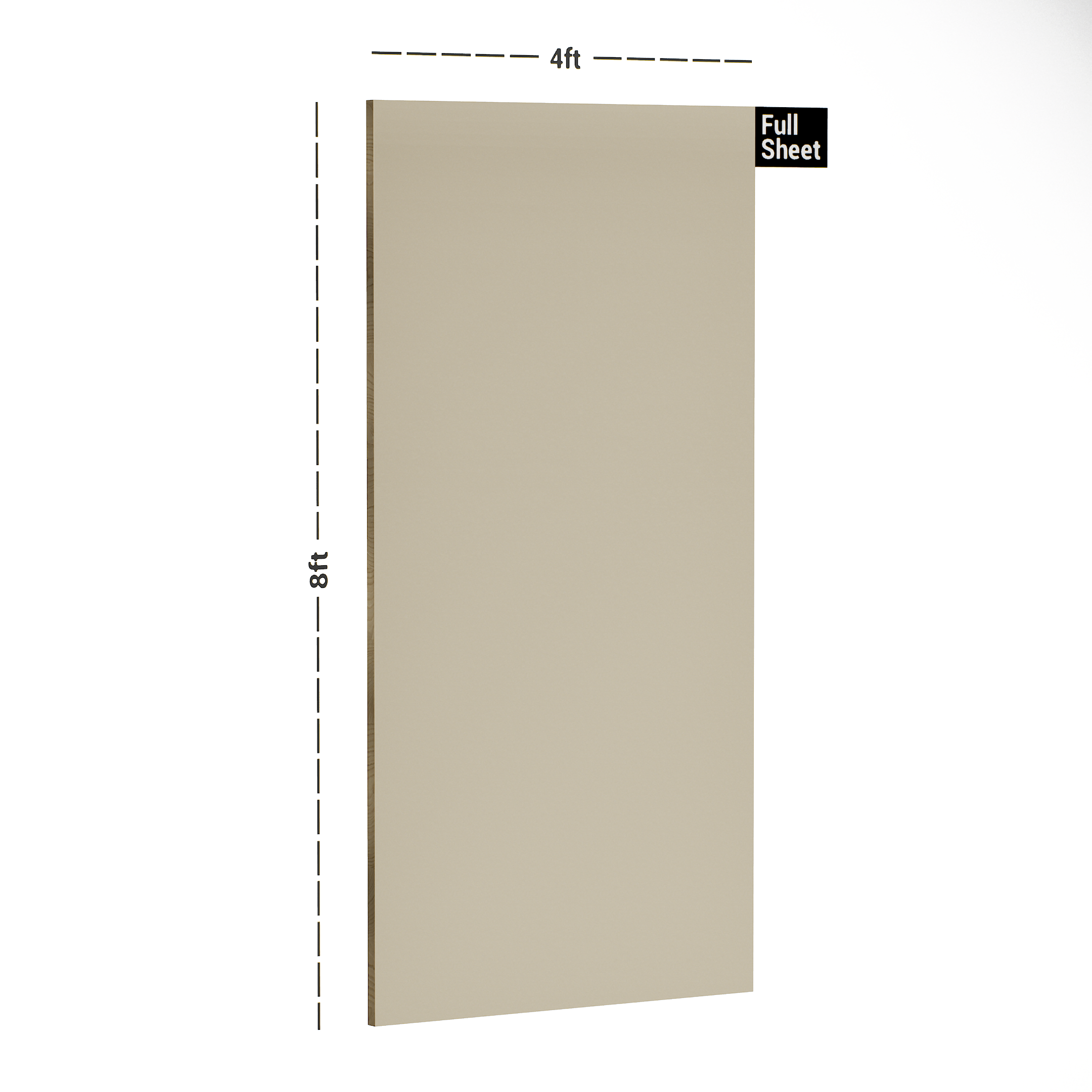 Dimension image of 179 SMT Golden Beige 8 ft x 4 ft Satin Matt Plain Color Finish Laminate - 1 mm in an isometric setup | Material Depot