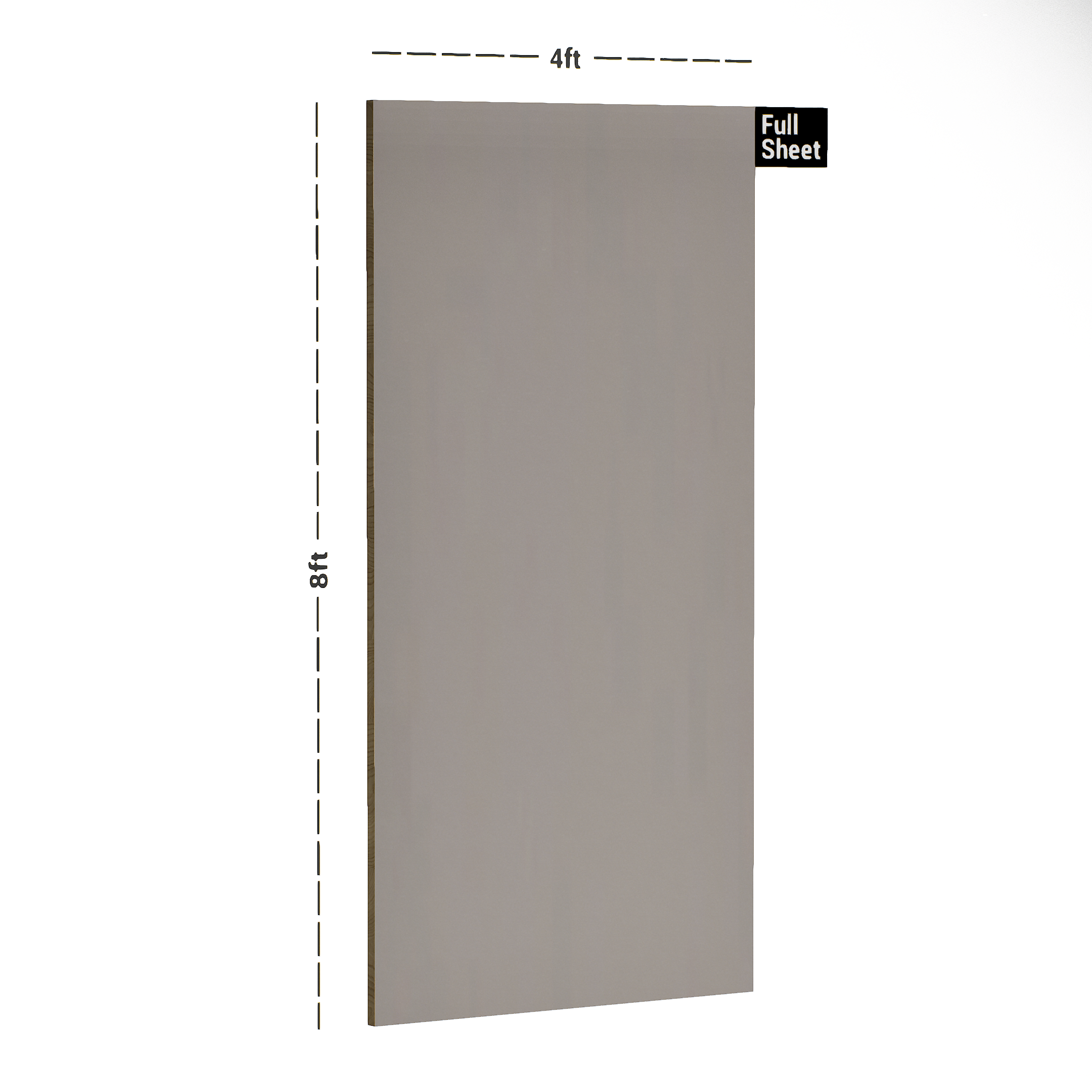 Dimension image of 218 HG Ceramic Grey 8 ft x 4 ft High Gloss Finish Luxe Series Laminate - 1 mm in an isometric setup | Material Depot