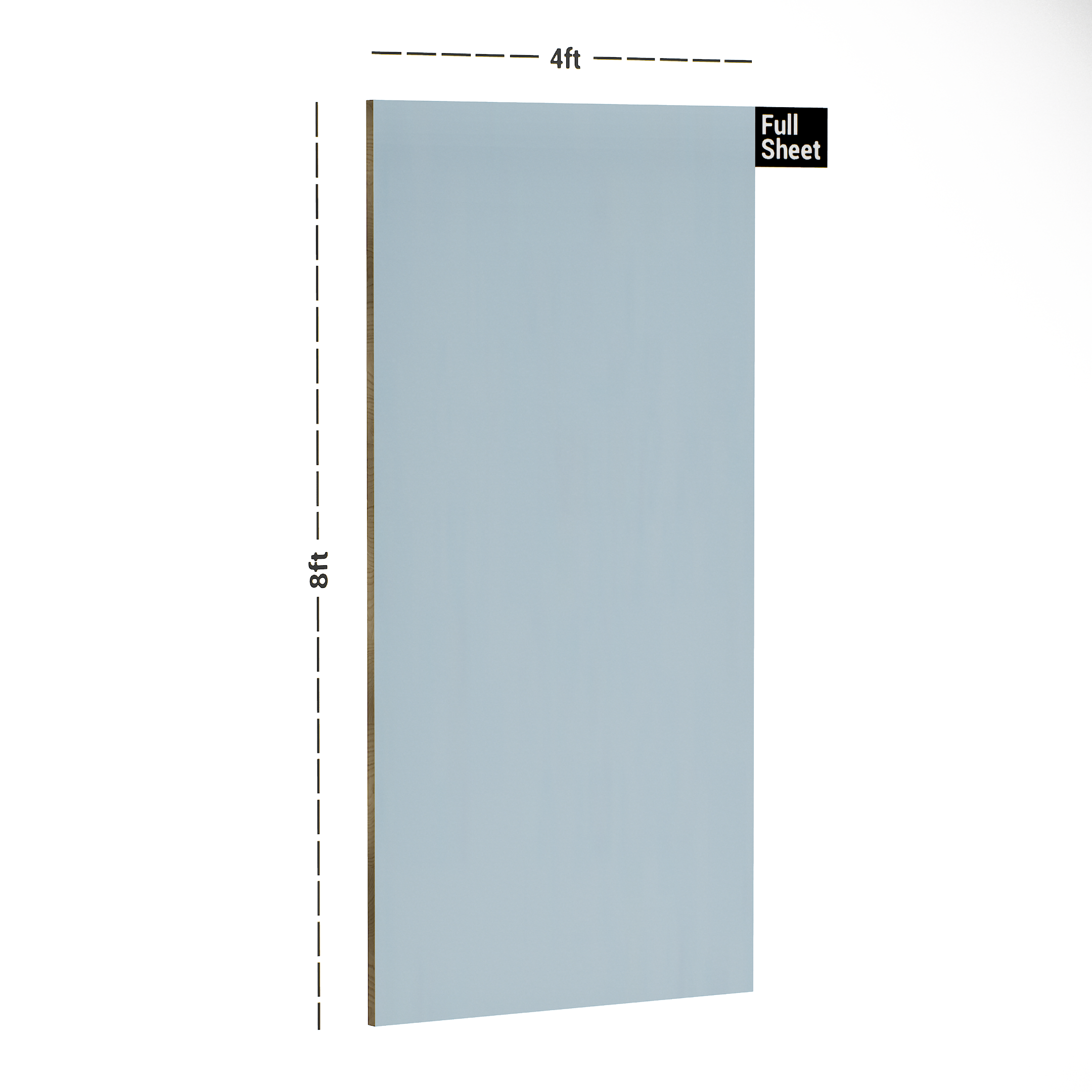 Dimension image of 197 HG Sky Blue 8 ft x 4 ft High Gloss Finish Luxe Series Laminate - 1 mm in an isometric setup | Material Depot