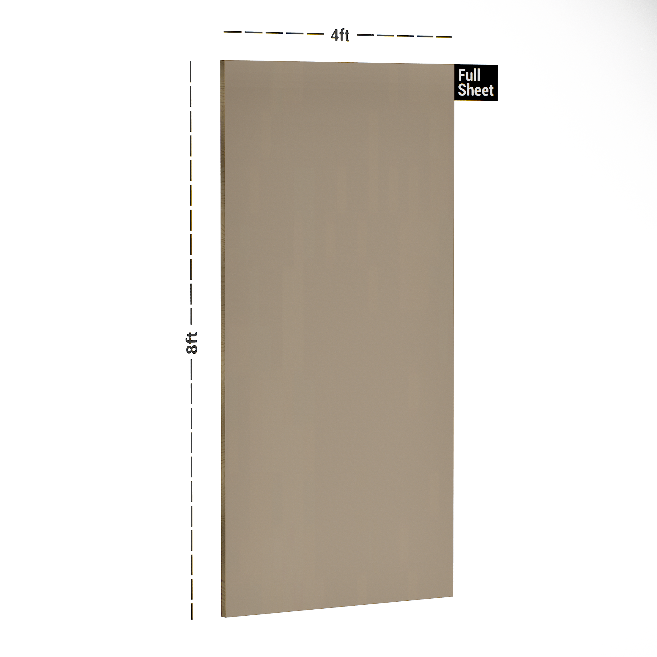 Dimension image of 179 HG Golden Beige 8 ft x 4 ft High Gloss Finish Luxe Series Laminate - 1 mm in an isometric setup | Material Depot