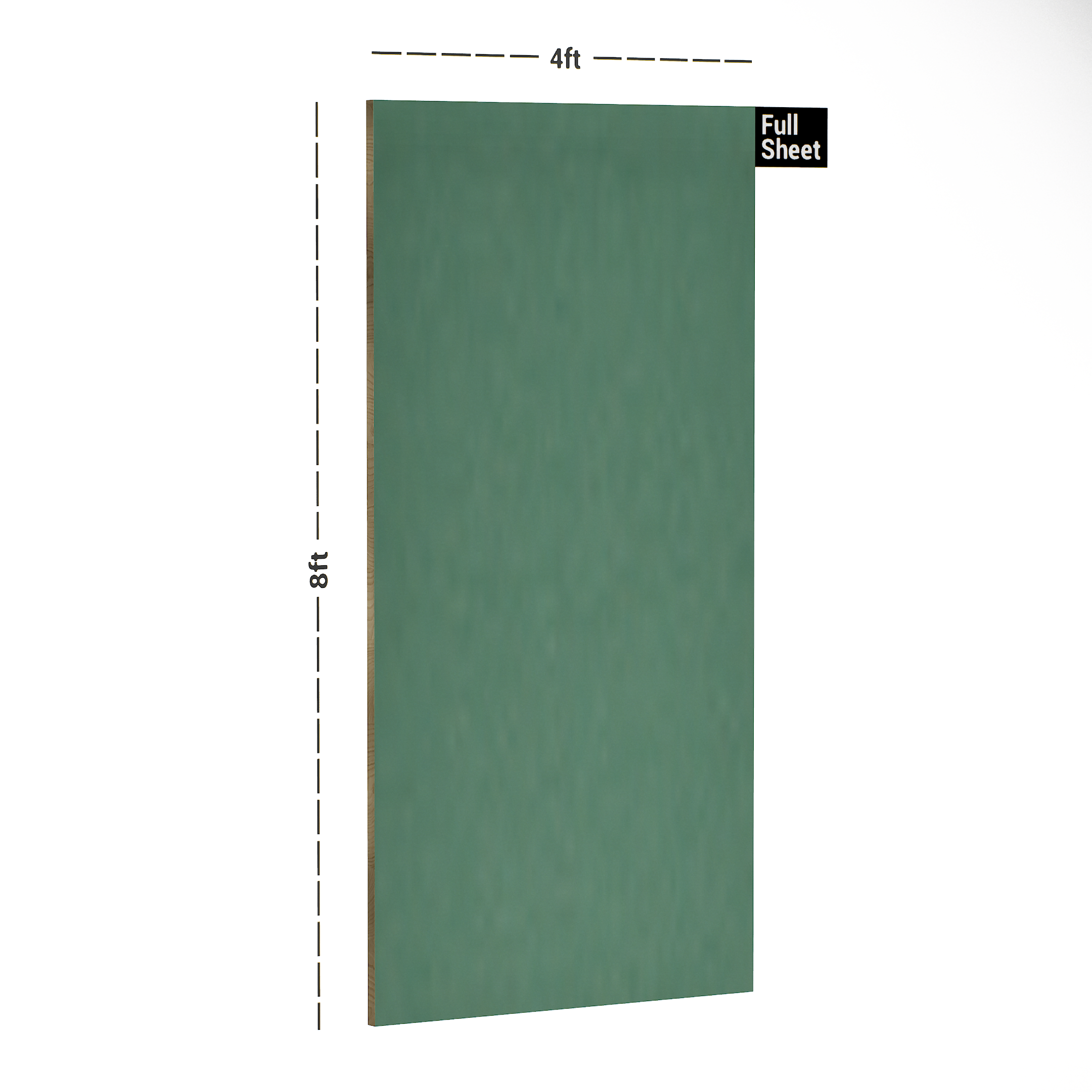 Dimension image of 177 SF Moss Green 8 ft x 4 ft Suede Finish Luxe Series Laminate - 1 mm in an isometric setup | Material Depot