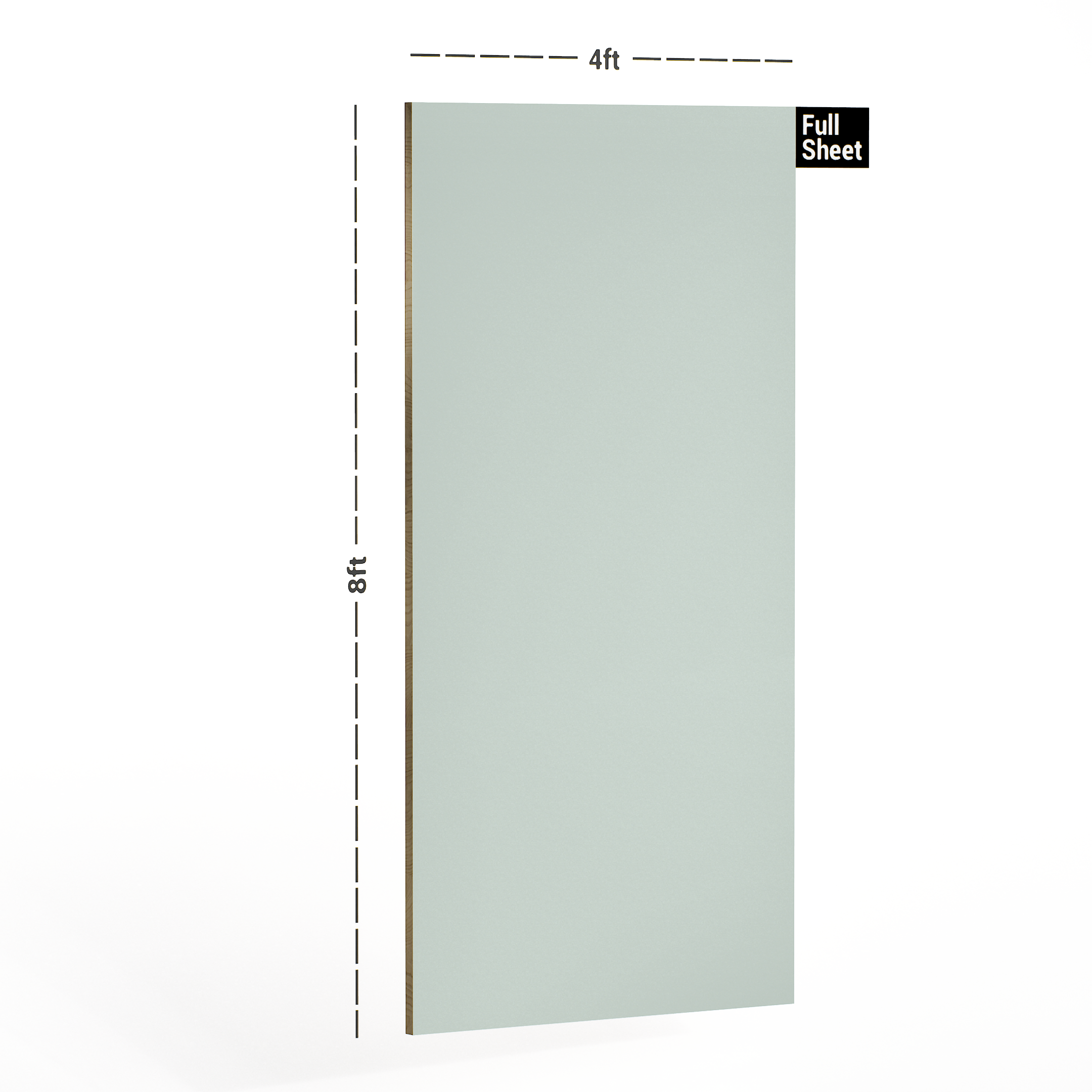 Dimension image of 123 UMT Opal Green Virgo Croma 8 ft x 4 ft Ultra Matte Finish Decorative Laminate - 1 mm in an isometric setup | Material Depot