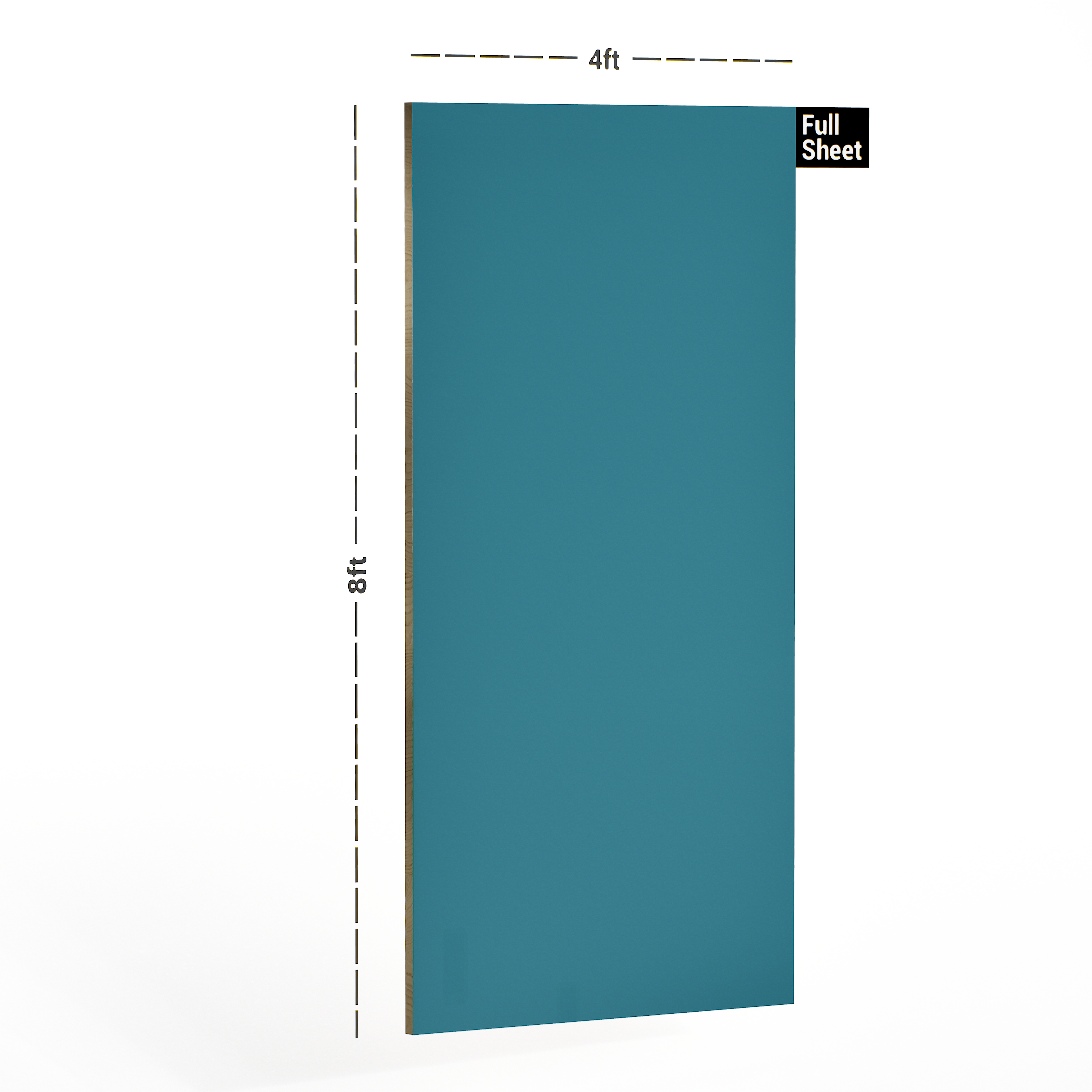 Dimension image of 141 UMT Ocean Blue Virgo Croma 8 ft x 4 ft Ultra Matte Finish Decorative Laminate - 1 mm in an isometric setup | Material Depot